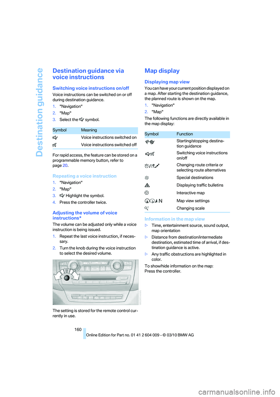 BMW X5 XDRIVE 35I PREMIUM 2011  Owners Manual Destination guidance
160
Destination guidance via 
voice instructions
Switching voice instructions on/off
Voice instructions can be switched on or off 
during destination guidance.
1."Navigation"
2."M