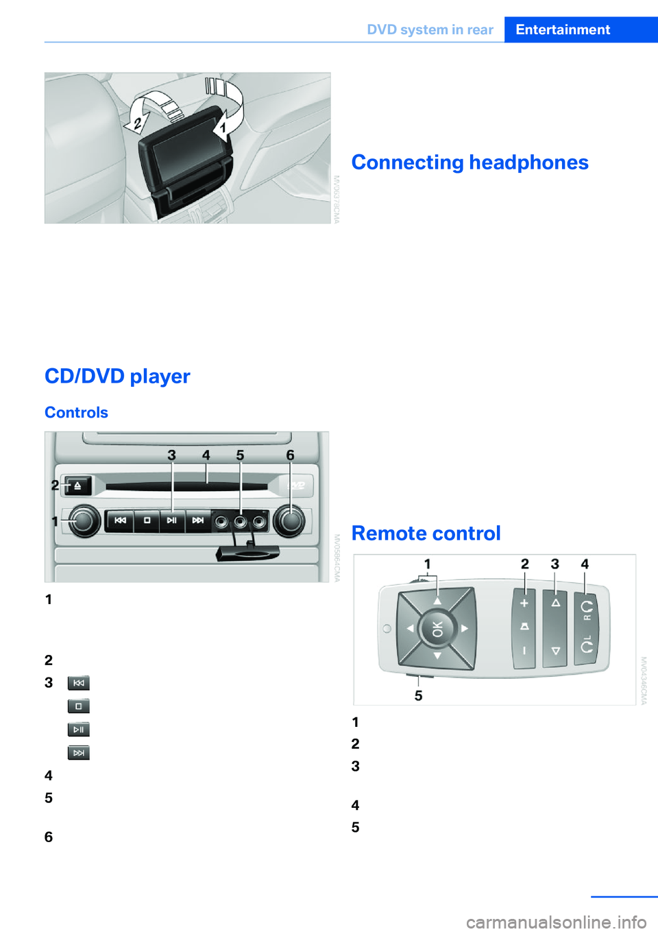 BMW X5 XDRIVE 35I SPORT ACTIVITY 2013 Owners Manual 1.Turn the display screen, arrow 1
The display screen switches off.2.Fold down the display screen, arrow 2.
The display screen is folded out in the reverse
order.
CD/DVD player
Controls
1Press: switch BMW X5 XDRIVE 35I SPORT ACTIVITY 2013 Owners Manual 1.Turn the display screen, arrow 1
The display screen switches off.2.Fold down the display screen, arrow 2.
The display screen is folded out in the reverse
order.
CD/DVD player
Controls
1Press: switch
