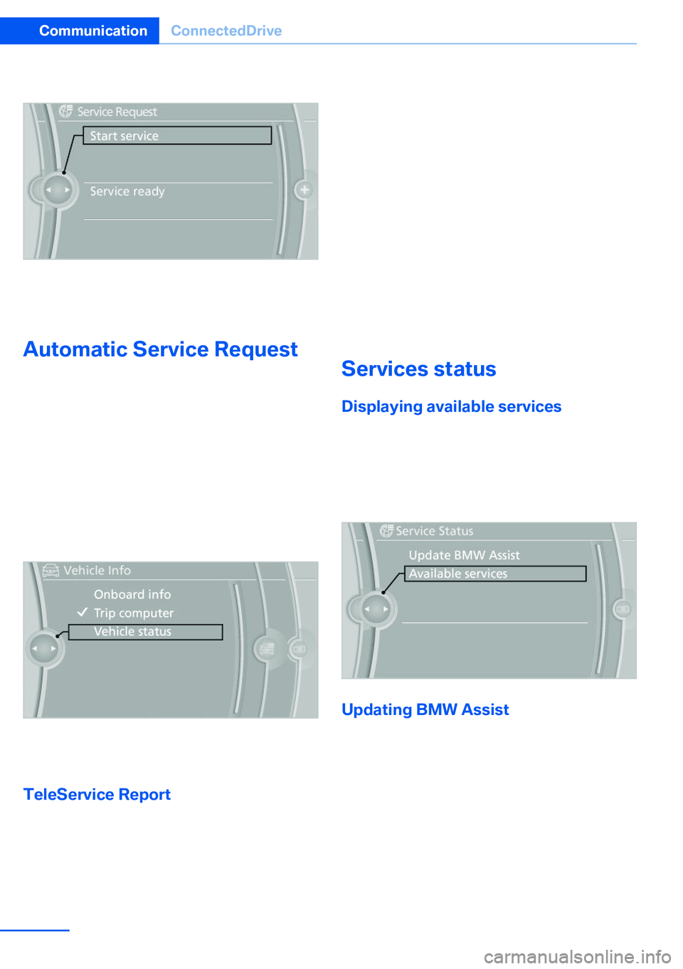BMW X5 XDRIVE 35I SPORT ACTIVITY 2013 Owners Manual 3."Start service"
A Service Request can be started via a Check
Control message, refer to page 85.
Automatic Service Request
The TeleService data necessary for servicing
the vehicle are automa BMW X5 XDRIVE 35I SPORT ACTIVITY 2013 Owners Manual 3."Start service"
A Service Request can be started via a Check
Control message, refer to page 85.
Automatic Service Request
The TeleService data necessary for servicing
the vehicle are automa