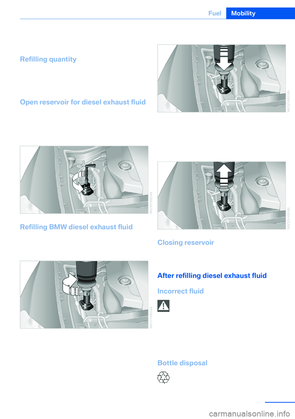 BMW X5 XDRIVE 35I SPORT ACTIVITY 2013 Owners Manual Diesel exhaust fluid can be obtained from your
service center.
Refilling quantity Refilling quantity at the start of the reserve dis‐
play:
Approx. 0.75 gallons/2.7 liters
Open reservoir for diesel BMW X5 XDRIVE 35I SPORT ACTIVITY 2013 Owners Manual Diesel exhaust fluid can be obtained from your
service center.
Refilling quantity Refilling quantity at the start of the reserve dis‐
play:
Approx. 0.75 gallons/2.7 liters
Open reservoir for diesel