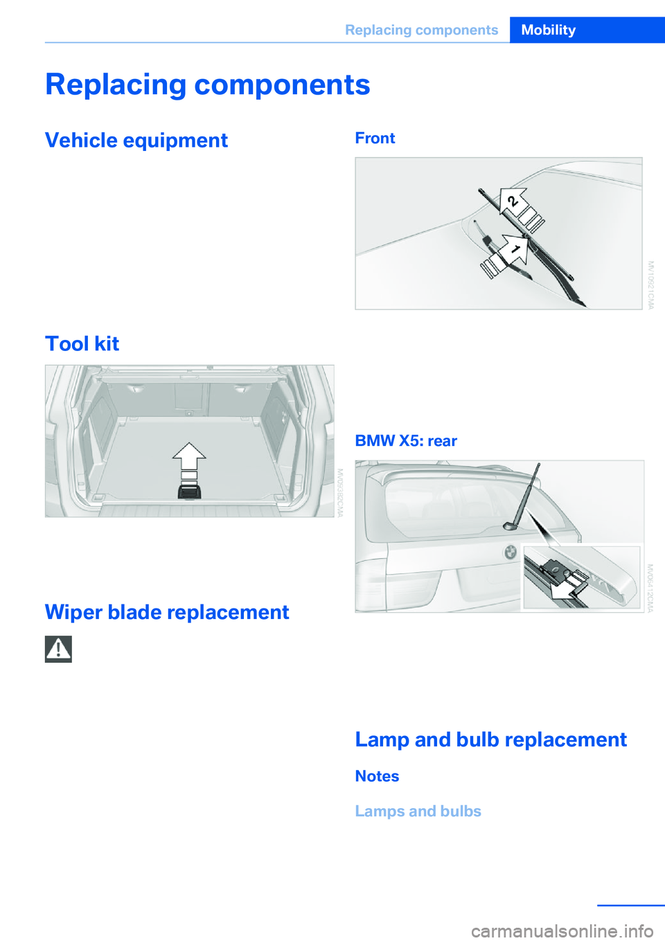 BMW X5 XDRIVE 35I SPORT ACTIVITY 2013 Owners Manual Replacing componentsVehicle equipmentThis chapter describes all series equipment as
well as country-specific and special equipment
offered for this model series.Therefore, it also
describes equipment BMW X5 XDRIVE 35I SPORT ACTIVITY 2013 Owners Manual Replacing componentsVehicle equipmentThis chapter describes all series equipment as
well as country-specific and special equipment
offered for this model series.Therefore, it also
describes equipment