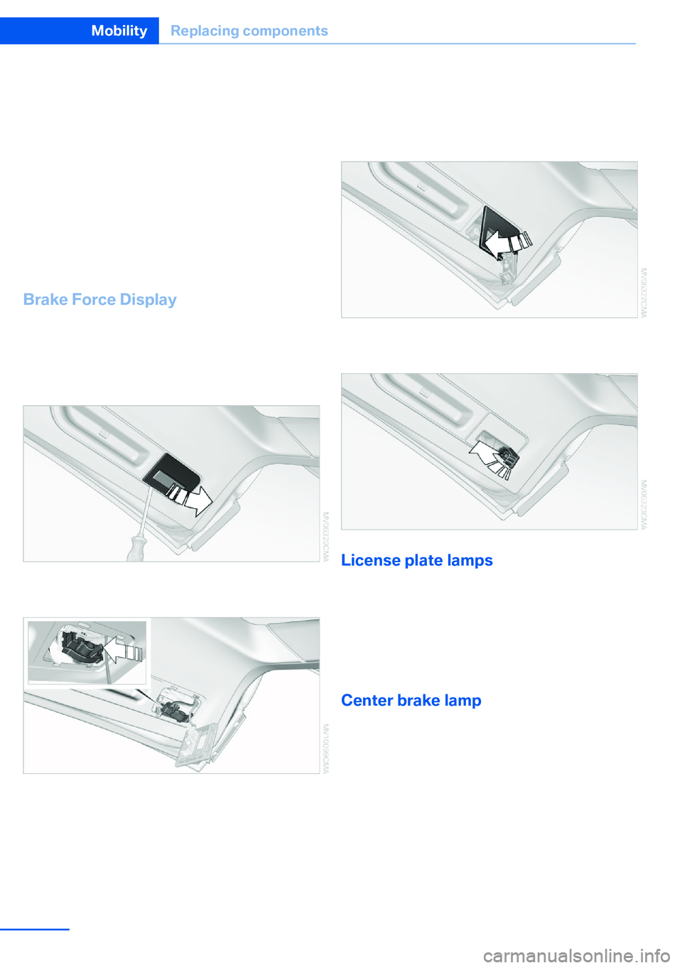 BMW X5 XDRIVE 35I SPORT ACTIVITY 2013 Owners Manual 3.Press the button, arrow 1, down, press the
catches, arrows 2, outward slightly, and re‐
move the bulb holder.4.Apply gentle pressure to the P21W bulb
while turning it to the left for removal and
r BMW X5 XDRIVE 35I SPORT ACTIVITY 2013 Owners Manual 3.Press the button, arrow 1, down, press the
catches, arrows 2, outward slightly, and re‐
move the bulb holder.4.Apply gentle pressure to the P21W bulb
while turning it to the left for removal and
r