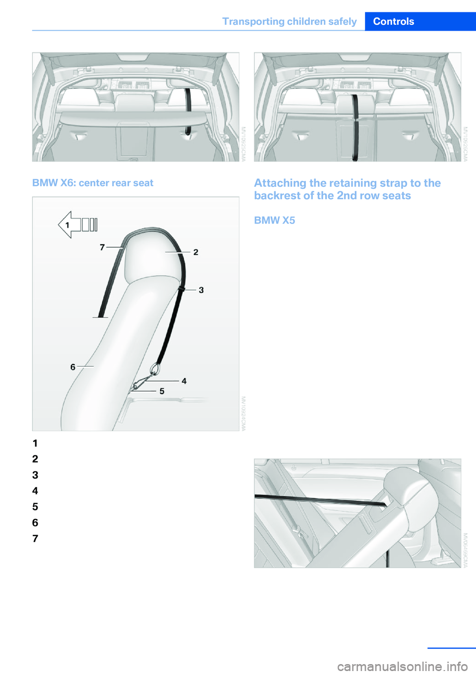 BMW X5 XDRIVE 35I SPORT ACTIVITY 2013 Repair Manual BMW X6: center rear seat
1Direction of travel2Head restraint3Strap guide4Hook for upper retaining strap5Mounting point6Backrest7Upper retaining strap of child restraint fix‐
ing system
When using th BMW X5 XDRIVE 35I SPORT ACTIVITY 2013 Repair Manual BMW X6: center rear seat
1Direction of travel2Head restraint3Strap guide4Hook for upper retaining strap5Mounting point6Backrest7Upper retaining strap of child restraint fix‐
ing system
When using th