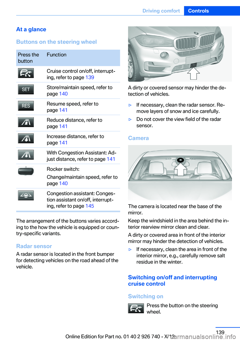 BMW X5 XDRIVE 50I 2014  Owners Manual At a glance
Buttons on the steering wheelPress the
buttonFunctionCruise control on/off, interrupt‐
ing, refer to page  139Store/maintain speed, refer to
page  140Resume speed, refer to
page  141Redu