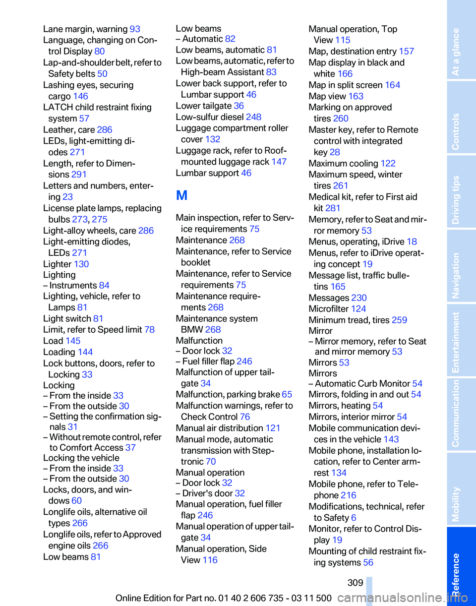 BMW X5 XDRIVE35D 2012  Owners Manual Lane margin, warning 
93 
Language, changing on Con‐ trol Display  80 
Lap-and-shoulder 
belt, refer to
Safety belts  50 
Lashing eyes, securing cargo 146 
LATCH child restraint fixing system 57 
Le
