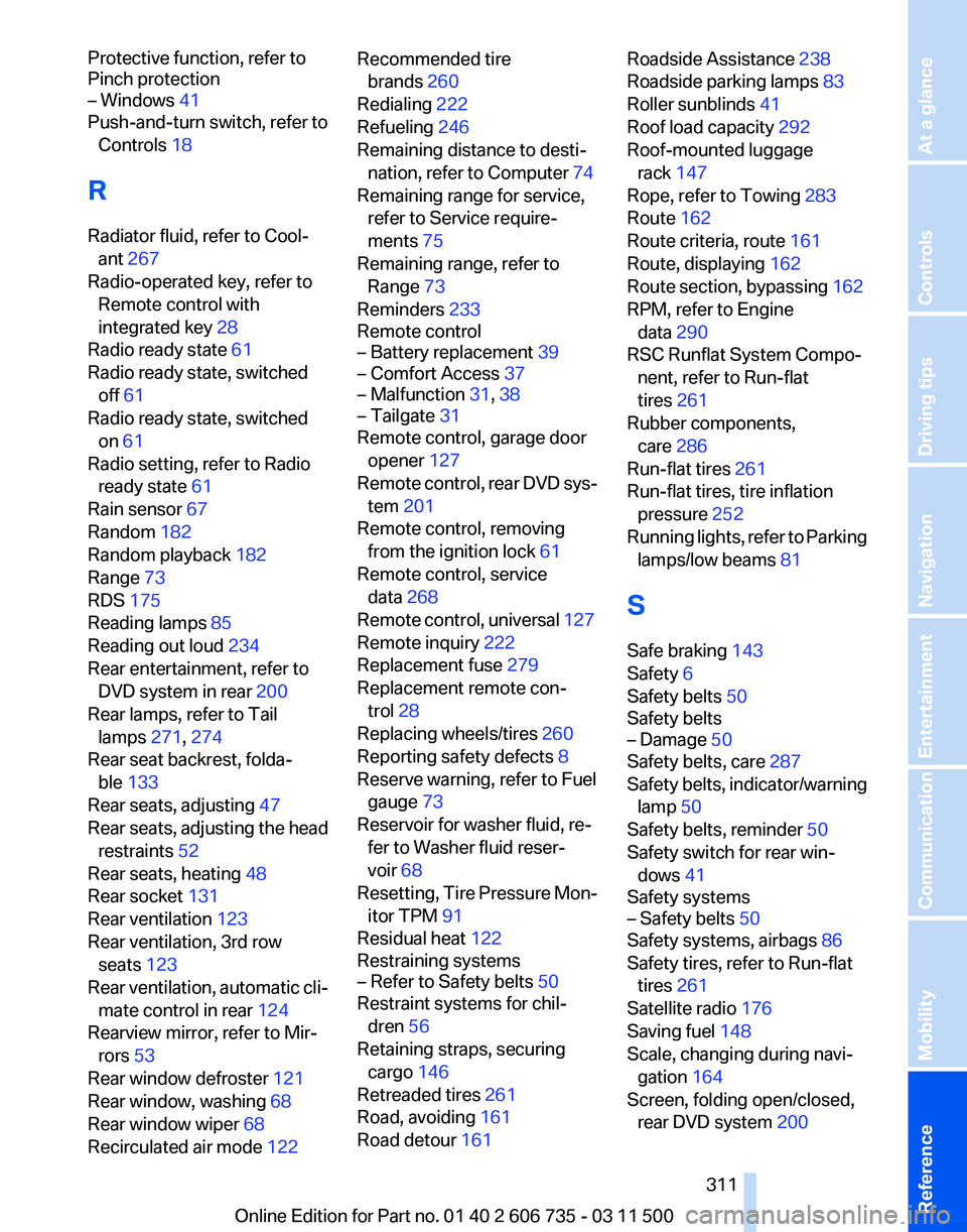 BMW X5 XDRIVE35I 2012  Owners Manual Protective function, refer to
Pinch protection
– Windows 41
Push-and-turn switch, refer to
Controls 18 
R
Radiator fluid, refer to Cool‐ ant 267 
Radio-operated key, refer to Remote control with
i