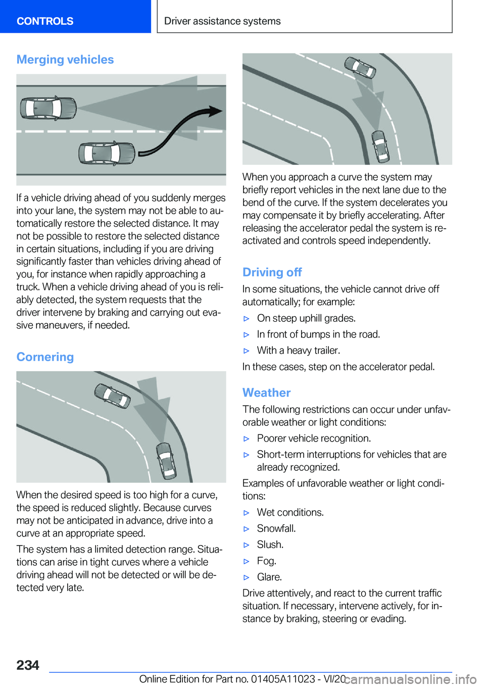 BMW X6 2021  Owners Manual �M�e�r�g�i�n�g��v�e�h�i�c�l�e�s
�I�f��a��v�e�h�i�c�l�e��d�r�i�v�i�n�g��a�h�e�a�d��o�f��y�o�u��s�u�d�d�e�n�l�y��m�e�r�g�e�s
�i�n�t�o��y�o�u�r��l�a�n�e�,��t�h�e��s�y�s�t�e�m��m�a�y��n�o�t