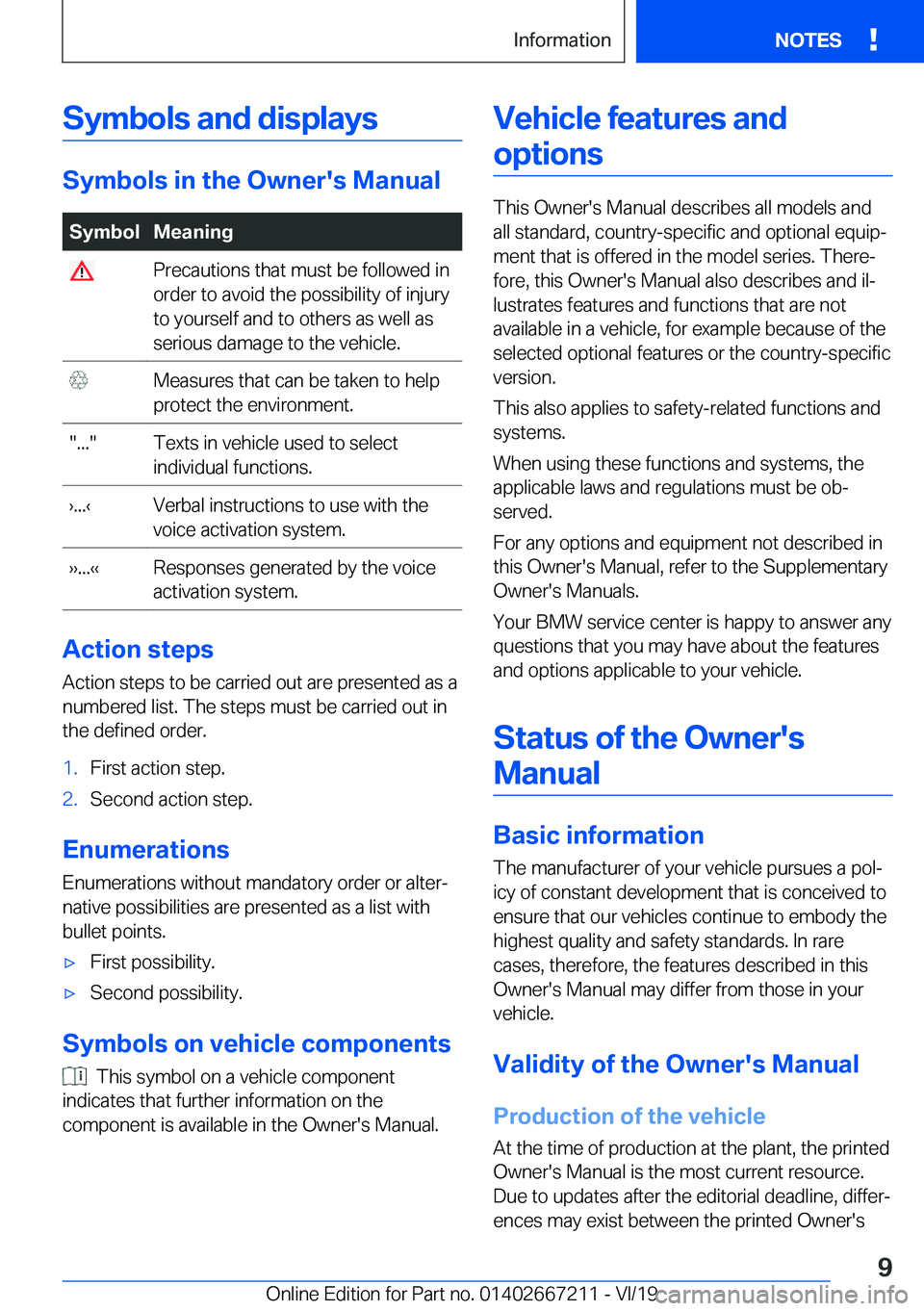 BMW X6 2020  Owners Manual �S�y�m�b�o�l�s��a�n�d��d�i�s�p�l�a�y�s
�S�y�m�b�o�l�s��i�n��t�h�e��O�w�n�e�r�'�s��M�a�n�u�a�l
�S�y�m�b�o�l�M�e�a�n�i�n�g��P�r�e�c�a�u�t�i�o�n�s��t�h�a�t��m�u�s�t��b�e��f�o�l�l�o�w�e�d�