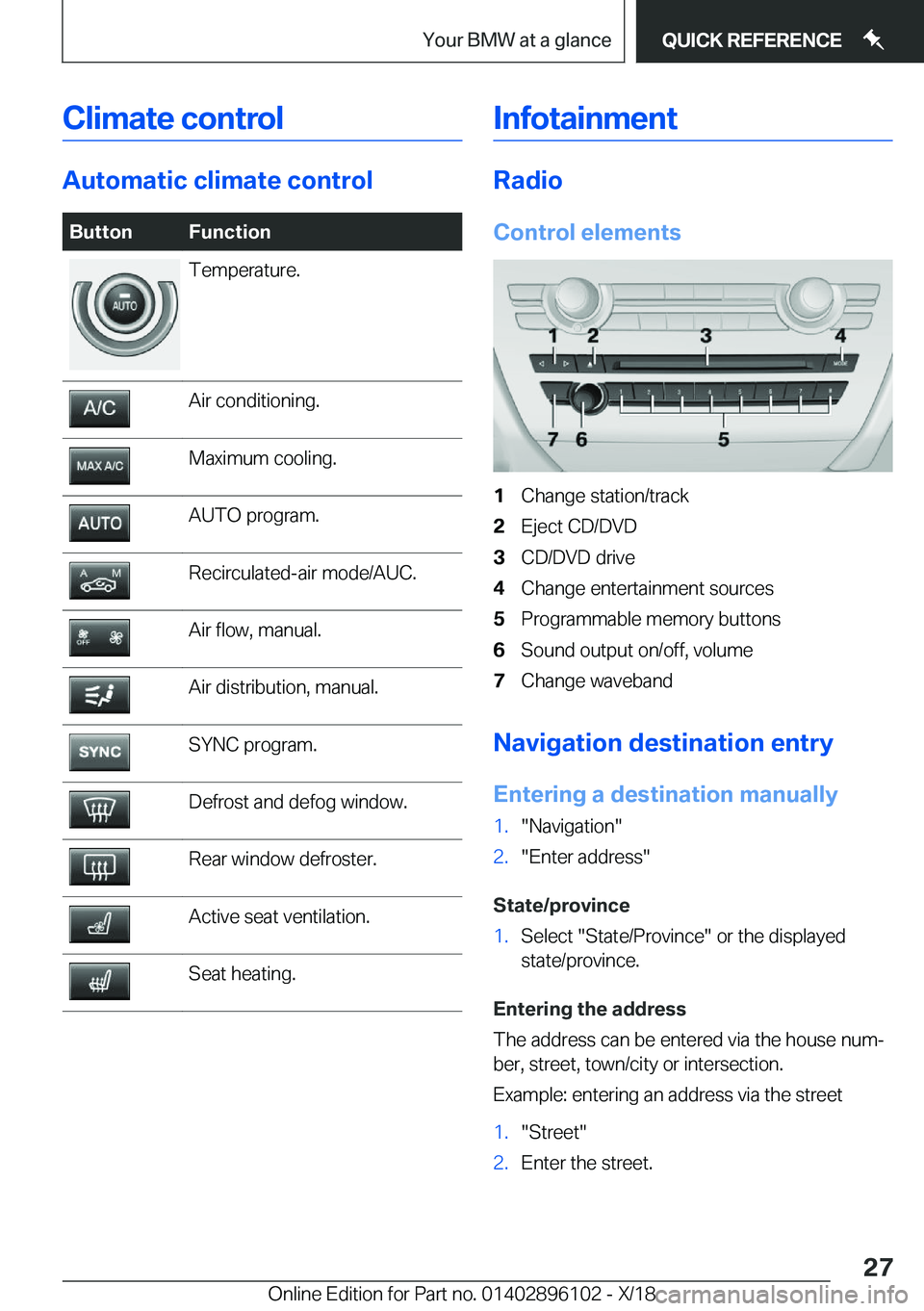 BMW X6 2019 Owners Manual �C�l�i�m�a�t�e��c�o�n�t�r�o�l
�A�u�t�o�m�a�t�i�c��c�l�i�m�a�t�e��c�o�n�t�r�o�l
�B�u�t�t�o�n�F�u�n�c�t�i�o�n�T�e�m�p�e�r�a�t�u�r�e�.�A�i�r��c�o�n�d�i�t�i�o�n�i�n�g�.�M�a�x�i�m�u�m��c�o�o�l�i�n�g�.