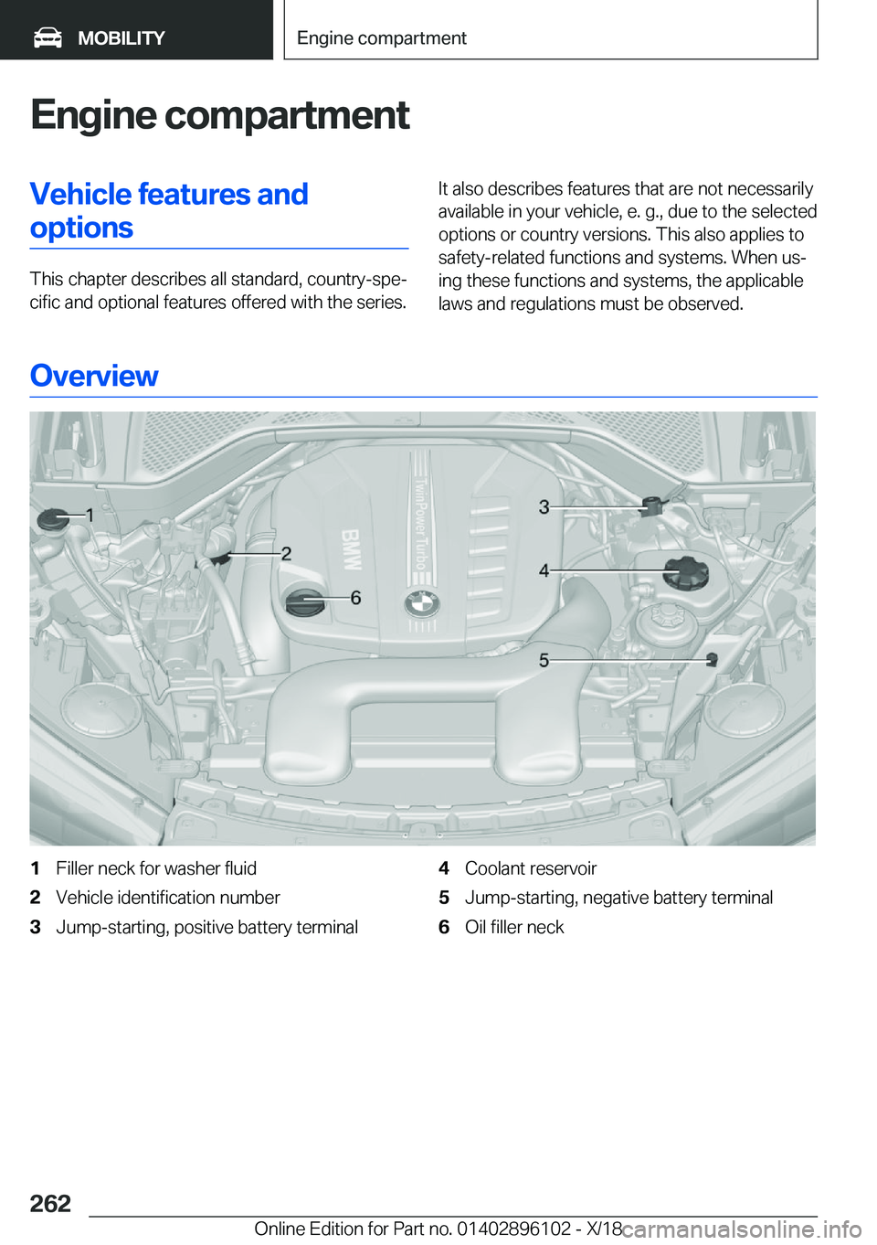 BMW X6 2019  Owners Manual �E�n�g�i�n�e��c�o�m�p�a�r�t�m�e�n�t�V�e�h�i�c�l�e��f�e�a�t�u�r�e�s��a�n�d�o�p�t�i�o�n�s
�T�h�i�s��c�h�a�p�t�e�r��d�e�s�c�r�i�b�e�s��a�l�l��s�t�a�n�d�a�r�d�,��c�o�u�n�t�r�y�-�s�p�ej�c�i�f�i�c�