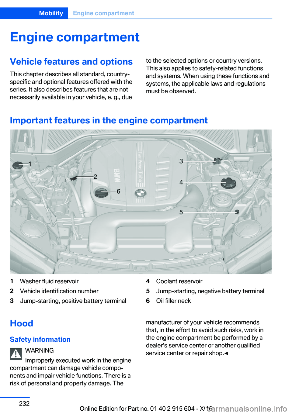 BMW X6 2017  Owners Manual �E�n�g�i�n�e��c�o�m�p�a�r�t�m�e�n�t�V�e�h�i�c�l�e��f�e�a�t�u�r�e�s��a�n�d��o�p�t�i�o�n�s�T�h�i�s� �c�h�a�p�t�e�r� �d�e�s�c�r�i�b�e�s� �a�l�l� �s�t�a�n�d�a�r�d�,� �c�o�u�n�t�r�y�-�s�p�e�c�i�f�i�c� 