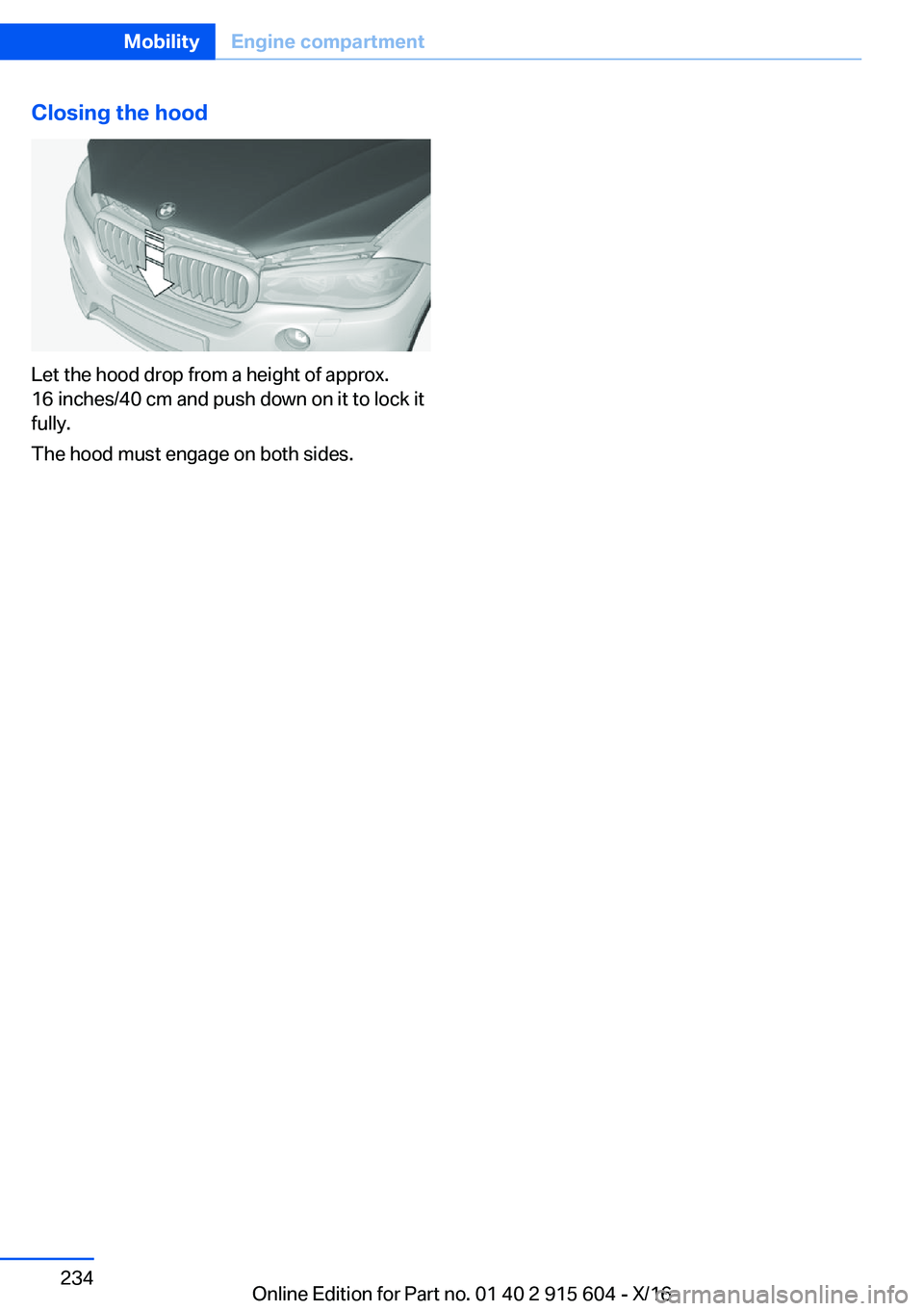 BMW X6 2017  Owners Manual �C�l�o�s�i�n�g��t�h�e��h�o�o�d
�L�e�t� �t�h�e� �h�o�o�d� �d�r�o�p� �f�r�o�m� �a� �h�e�i�g�h�t� �o�f� �a�p�p�r�o�x�.
�1�6� �i�n�c�h�e�s�/�4�0� �c�m� �a�n�d� �p�u�s�h� �d�o�w�n� �o�n� �i�t� �t�o� �l�o