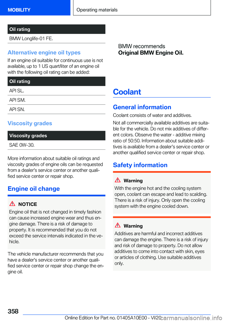 BMW X6 M 2021  Owners Manual �O�i�l��r�a�t�i�n�g�B�M�W��L�o�n�g�l�i�f�e�-�0�1��F�E�.
�A�l�t�e�r�n�a�t�i�v�e��e�n�g�i�n�e��o�i�l��t�y�p�e�s�I�f��a�n��e�n�g�i�n�e��o�i�l��s�u�i�t�a�b�l�e��f�o�r��c�o�n�t�i�n�u�o�u�s��u�