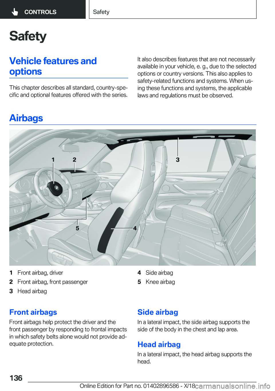 BMW X6 M 2019  Owners Manual �S�a�f�e�t�y�V�e�h�i�c�l�e��f�e�a�t�u�r�e�s��a�n�d�o�p�t�i�o�n�s
�T�h�i�s��c�h�a�p�t�e�r��d�e�s�c�r�i�b�e�s��a�l�l��s�t�a�n�d�a�r�d�,��c�o�u�n�t�r�y�-�s�p�ej�c�i�f�i�c��a�n�d��o�p�t�i�o�n�a�