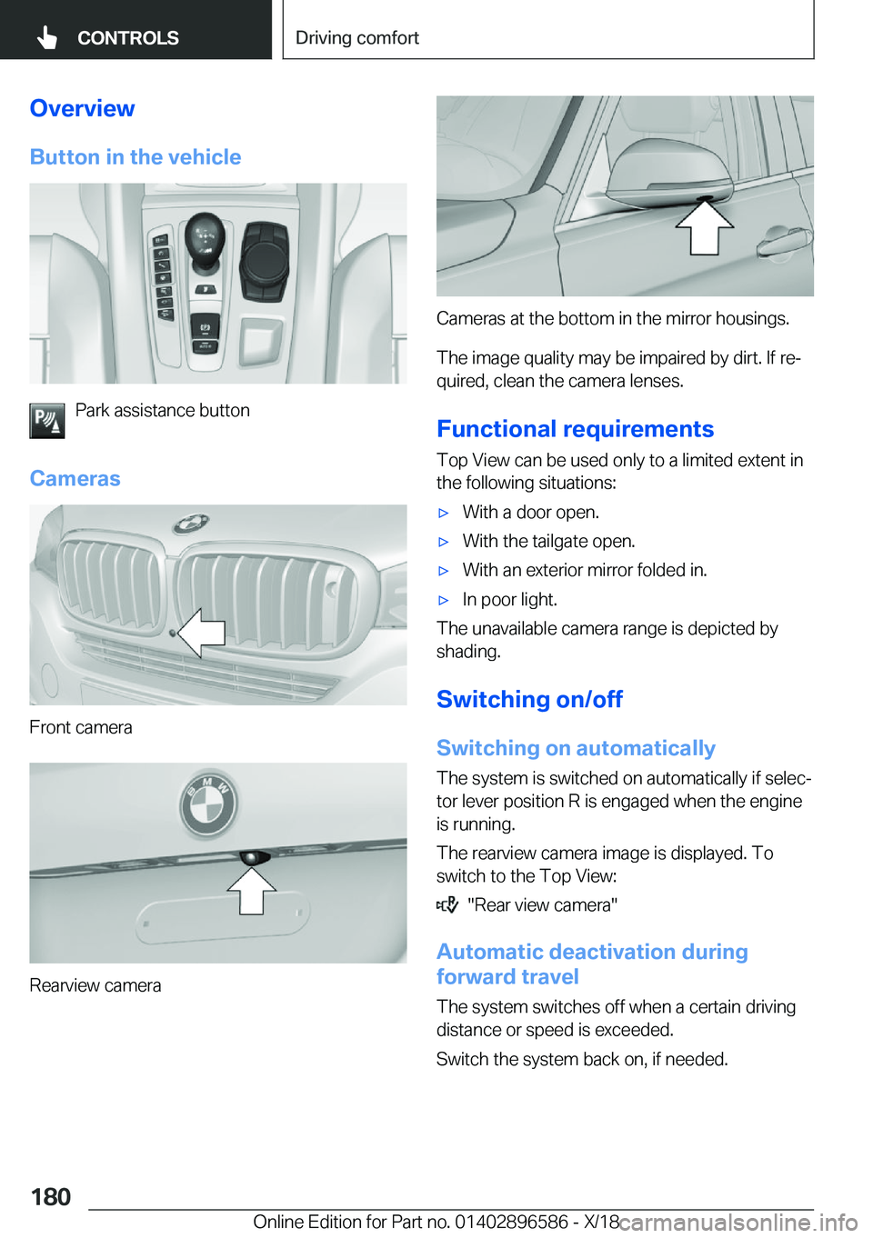 BMW X6 M 2019  Owners Manual �O�v�e�r�v�i�e�w�B�u�t�t�o�n��i�n��t�h�e��v�e�h�i�c�l�e
�P�a�r�k��a�s�s�i�s�t�a�n�c�e��b�u�t�t�o�n
�C�a�m�e�r�a�s
�F�r�o�n�t��c�a�m�e�r�a
�R�e�a�r�v�i�e�w��c�a�m�e�r�a
�C�a�m�e�r�a�s��a�t��t�