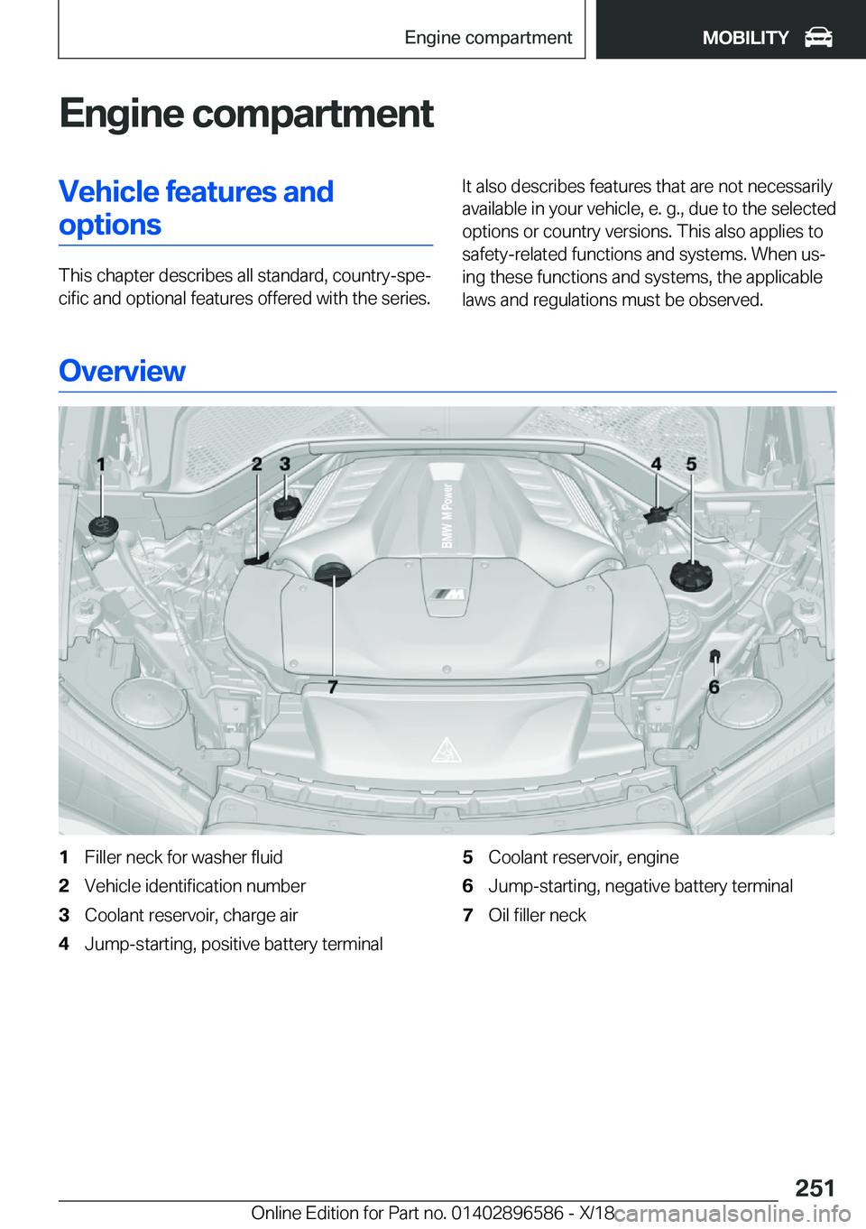BMW X6 M 2019  Owners Manual �E�n�g�i�n�e��c�o�m�p�a�r�t�m�e�n�t�V�e�h�i�c�l�e��f�e�a�t�u�r�e�s��a�n�d�o�p�t�i�o�n�s
�T�h�i�s��c�h�a�p�t�e�r��d�e�s�c�r�i�b�e�s��a�l�l��s�t�a�n�d�a�r�d�,��c�o�u�n�t�r�y�-�s�p�ej�c�i�f�i�c�