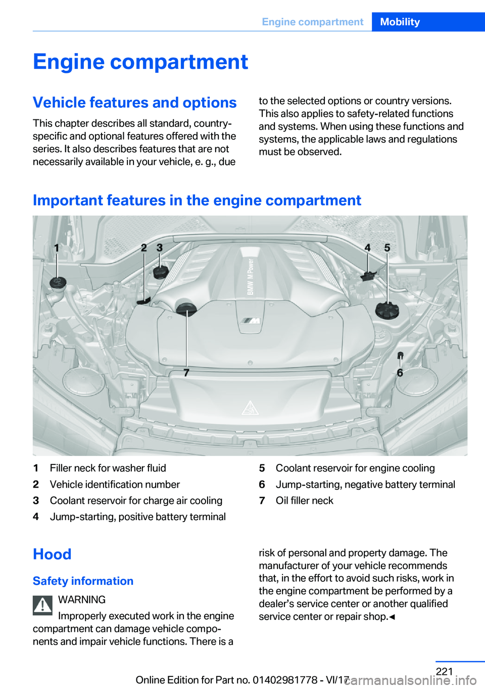 BMW X6 M 2018  Owners Manual �E�n�g�i�n�e��c�o�m�p�a�r�t�m�e�n�t�V�e�h�i�c�l�e��f�e�a�t�u�r�e�s��a�n�d��o�p�t�i�o�n�s�T�h�i�s� �c�h�a�p�t�e�r� �d�e�s�c�r�i�b�e�s� �a�l�l� �s�t�a�n�d�a�r�d�,� �c�o�u�n�t�r�y�-�s�p�e�c�i�f�i�c� 