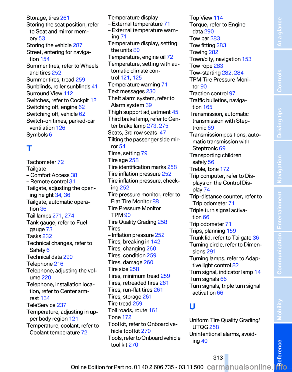 BMW X6 M 2012  Owners Manual Storage, tires 261 
Storing 
the seat position, refer
to Seat and mirror mem‐
ory 53 
Storing the vehicle 287 
Street, entering for naviga‐ tion 154 
Summer tires, refer to Wheels and tires 252 
S