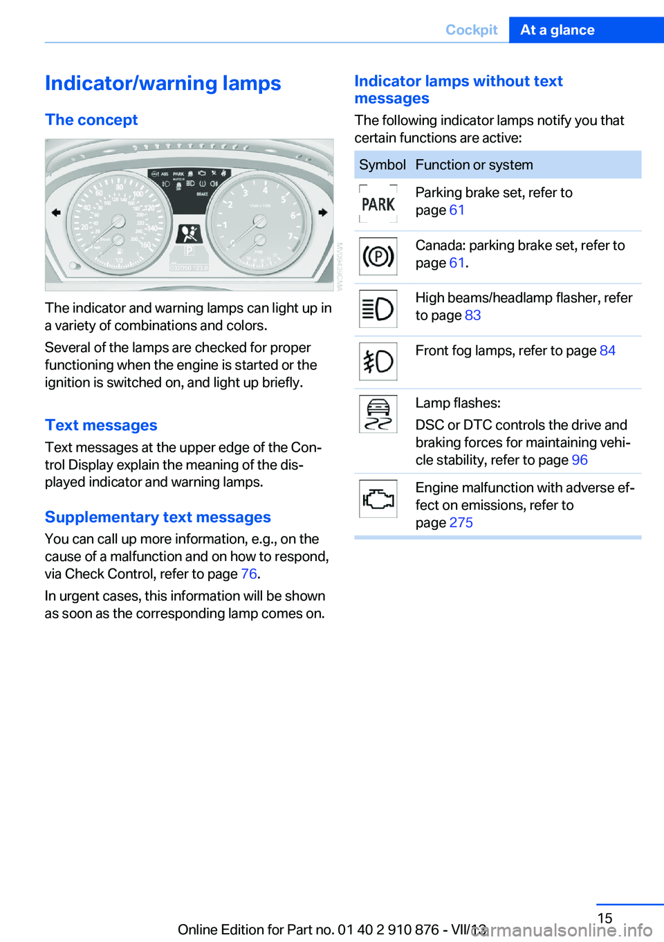 BMW X6 XDRIVE 35I 2014 User Guide Indicator/warning lampsThe concept
The indicator and warning lamps can light up in
a variety of combinations and colors.
Several of the lamps are checked for proper
functioning when the engine is star