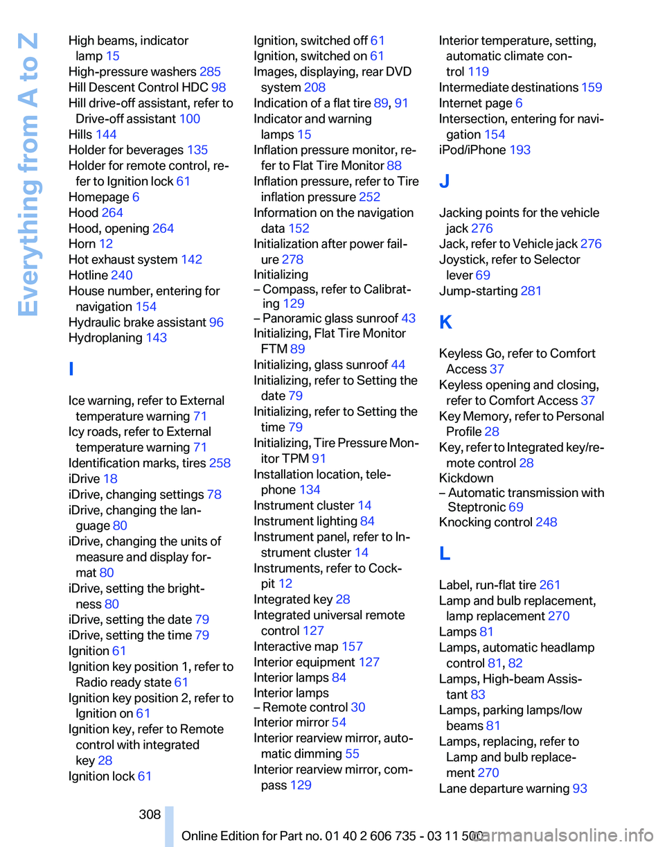BMW X6 XDRIVE 50I 2012  Owners Manual High beams, indicator
lamp  15 
High-pressure washers  285 
Hill Descent Control HDC  98 
Hill drive-off assistant, refer to Drive-off assistant 100 
Hills 144 
Holder for beverages 135 
Holder for re