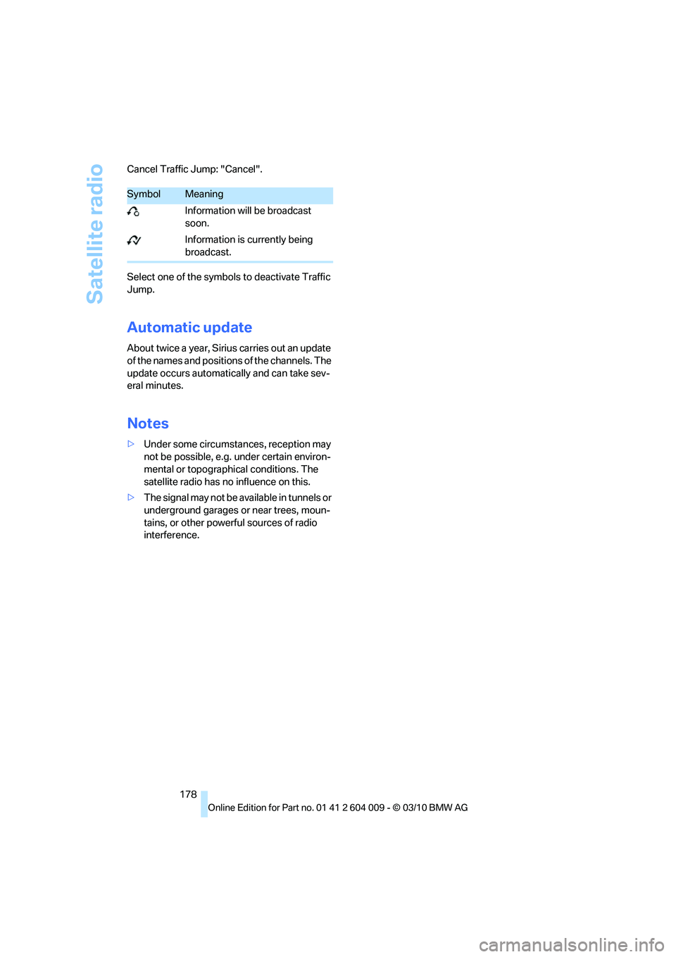 BMW X6 XDRIVE 50I 2011 Owners Manual Satellite radio
178 Cancel Traffic Jump: "Cancel".
Select one of the symbols to deactivate Traffic
Jump.
Automatic update
About twice a year, Sirius carries out an update
of the names and positions BMW X6 XDRIVE 50I 2011 Owners Manual Satellite radio
178 Cancel Traffic Jump: "Cancel".
Select one of the symbols to deactivate Traffic
Jump.
Automatic update
About twice a year, Sirius carries out an update
of the names and positions