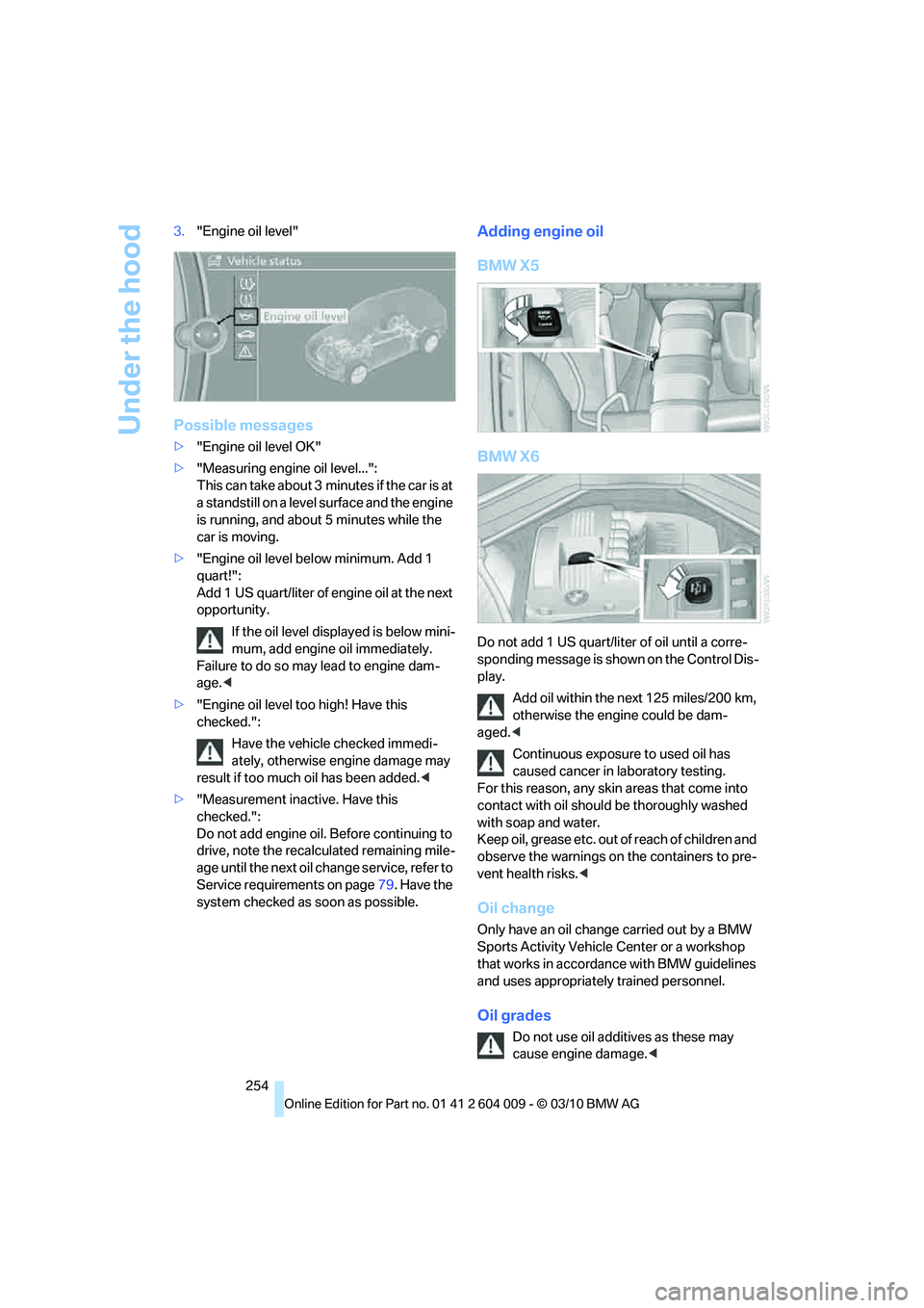 BMW X6 XDRIVE 50I 2011 Owners Manual Under the hood
254 3."Engine oil level"
Possible messages
>"Engine oil level OK"
>"Measuring engine oil level...":
This can take about 3 minutes if the car is at
a standstill on a level surface and BMW X6 XDRIVE 50I 2011 Owners Manual Under the hood
254 3."Engine oil level"
Possible messages
>"Engine oil level OK"
>"Measuring engine oil level...":
This can take about 3 minutes if the car is at
a standstill on a level surface and