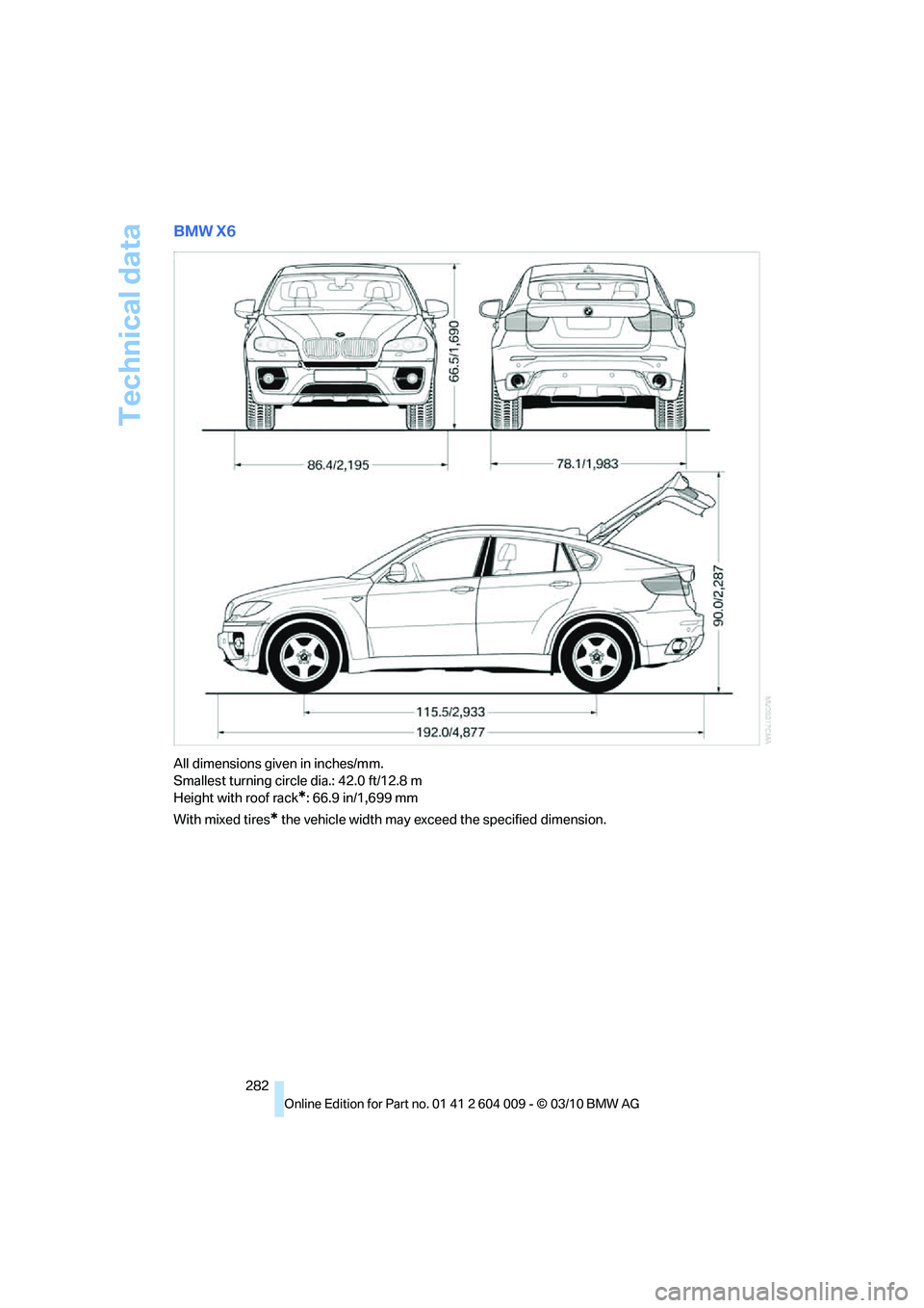 BMW X6 XDRIVE 50I 2011 Owners Manual Technical data
282
BMW X6
All dimensions given in inches/mm.
Smallest turning circle dia.: 42.0 ft/12.8 m
Height with roof rack
*: 66.9 in/1,699 mm
With mixed tires
* the vehicle width may exceed the BMW X6 XDRIVE 50I 2011 Owners Manual Technical data
282
BMW X6
All dimensions given in inches/mm.
Smallest turning circle dia.: 42.0 ft/12.8 m
Height with roof rack
*: 66.9 in/1,699 mm
With mixed tires
* the vehicle width may exceed the