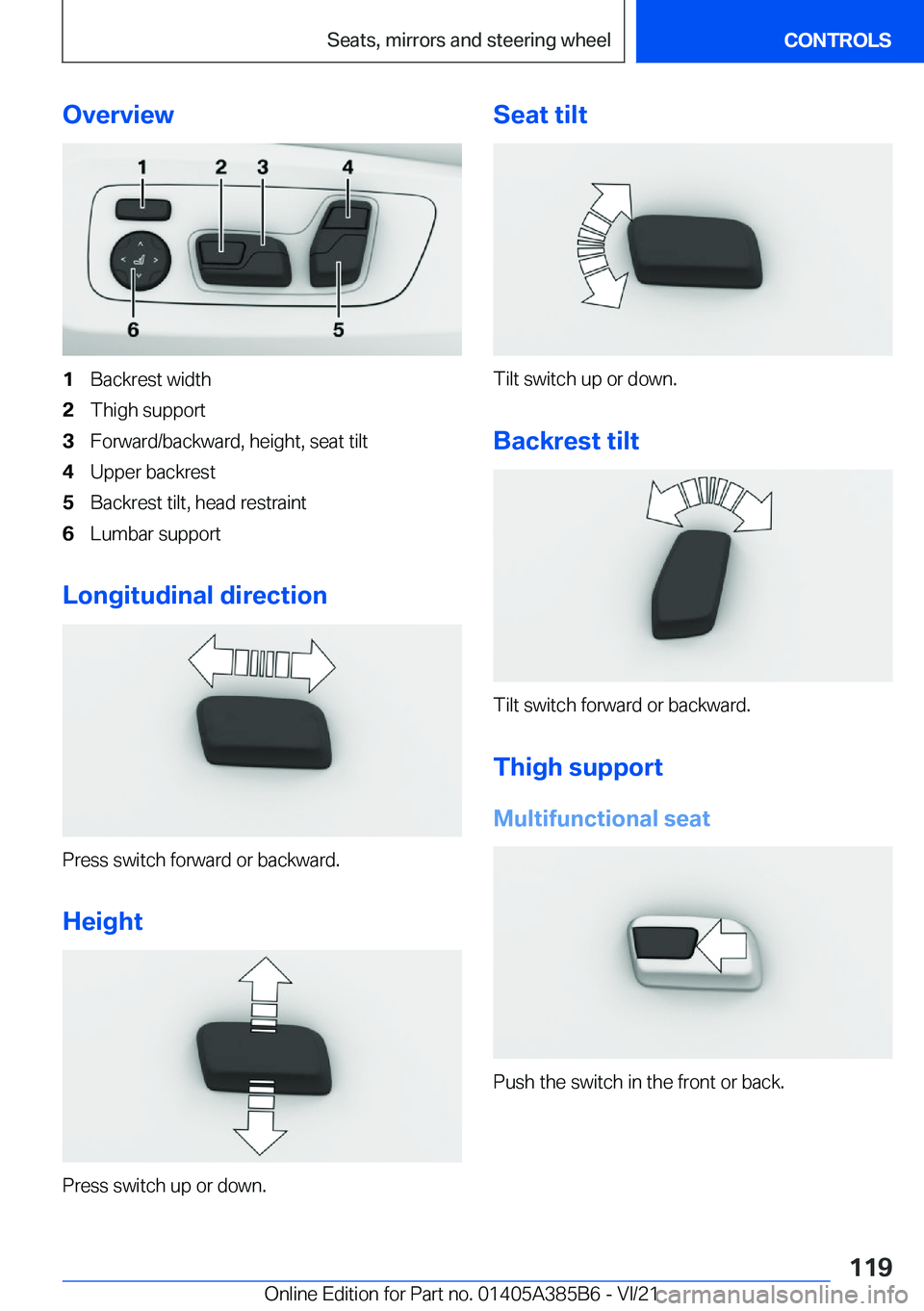BMW X7 2022  Owners Manual �O�v�e�r�v�i�e�w�1�B�a�c�k�r�e�s�t��w�i�d�t�h�2�T�h�i�g�h��s�u�p�p�o�r�t�3�F�o�r�w�a�r�d�/�b�a�c�k�w�a�r�d�,��h�e�i�g�h�t�,��s�e�a�t��t�i�l�t�4�U�p�p�e�r��b�a�c�k�r�e�s�t�5�B�a�c�k�r�e�s�t��t�i
