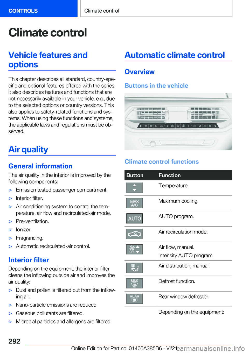 BMW X7 2022  Owners Manual �C�l�i�m�a�t�e��c�o�n�t�r�o�l�V�e�h�i�c�l�e��f�e�a�t�u�r�e�s��a�n�d�o�p�t�i�o�n�s
�T�h�i�s��c�h�a�p�t�e�r��d�e�s�c�r�i�b�e�s��a�l�l��s�t�a�n�d�a�r�d�,��c�o�u�n�t�r�y�-�s�p�e#j�c�i�f�i�c��a�n�