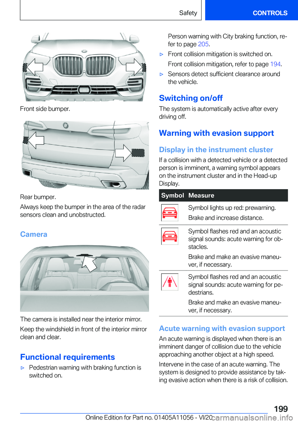 BMW X7 2021  Owners Manual �F�r�o�n�t��s�i�d�e��b�u�m�p�e�r�.
�R�e�a�r��b�u�m�p�e�r�.
�A�l�w�a�y�s��k�e�e�p��t�h�e��b�u�m�p�e�r��i�n��t�h�e��a�r�e�a��o�f��t�h�e��r�a�d�a�r
�s�e�n�s�o�r�s��c�l�e�a�n��a�n�d��u�n�o�