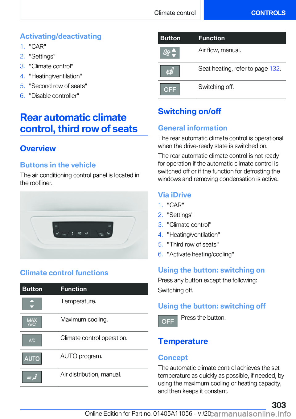 BMW X7 2021  Owners Manual �A�c�t�i�v�a�t�i�n�g�/�d�e�a�c�t�i�v�a�t�i�n�g�1�.�"�C�A�R�"�2�.�"�S�e�t�t�i�n�g�s�"�3�.�"�C�l�i�m�a�t�e��c�o�n�t�r�o�l�"�4�.�"�H�e�a�t�i�n�g�/�v�e�n�t�i�l�a�t�i�o�n�"