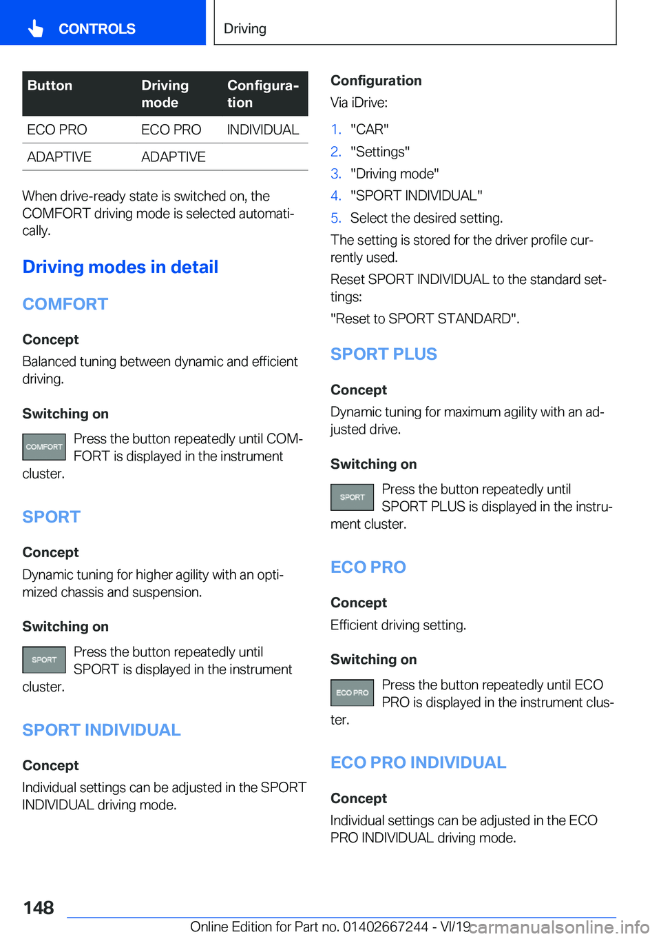 BMW X7 2020  Owners Manual �B�u�t�t�o�n�D�r�i�v�i�n�g
�m�o�d�e�C�o�n�f�i�g�u�r�aj
�t�i�o�n�E�C�O��P�R�O�E�C�O��P�R�O�I�N�D�I�V�I�D�U�A�L�A�D�A�P�T�I�V�E�A�D�A�P�T�I�V�E
�W�h�e�n��d�r�i�v�e�-�r�e�a�d�y��s�t�a�t�e��i�s��s�