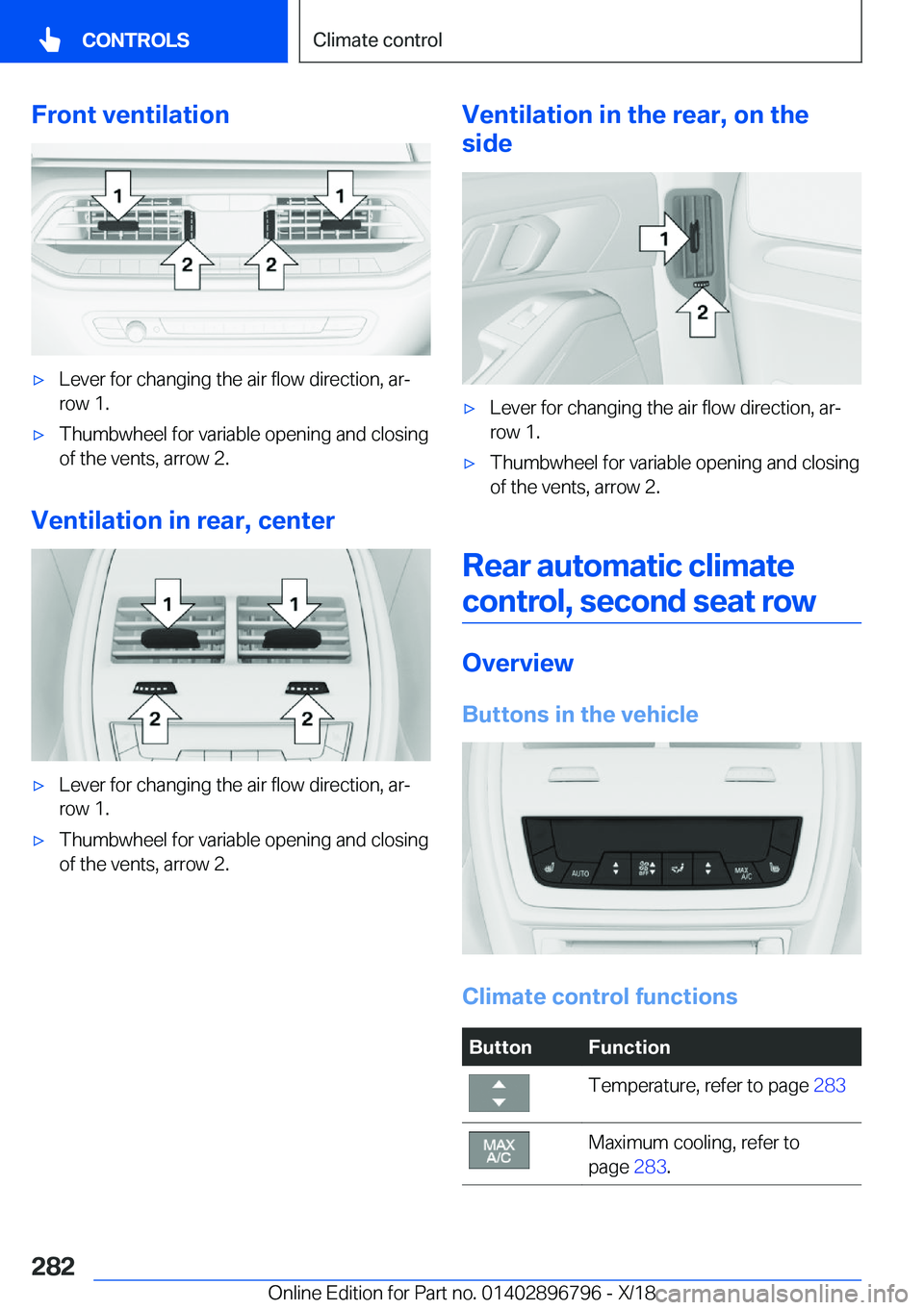 BMW X7 2019  Owners Manual �F�r�o�n�t��v�e�n�t�i�l�a�t�i�o�n'x�L�e�v�e�r��f�o�r��c�h�a�n�g�i�n�g��t�h�e��a�i�r��f�l�o�w��d�i�r�e�c�t�i�o�n�,��a�rj
�r�o�w��1�.'x�T�h�u�m�b�w�h�e�e�l��f�o�r��v�a�r�i�a�b�l�e��