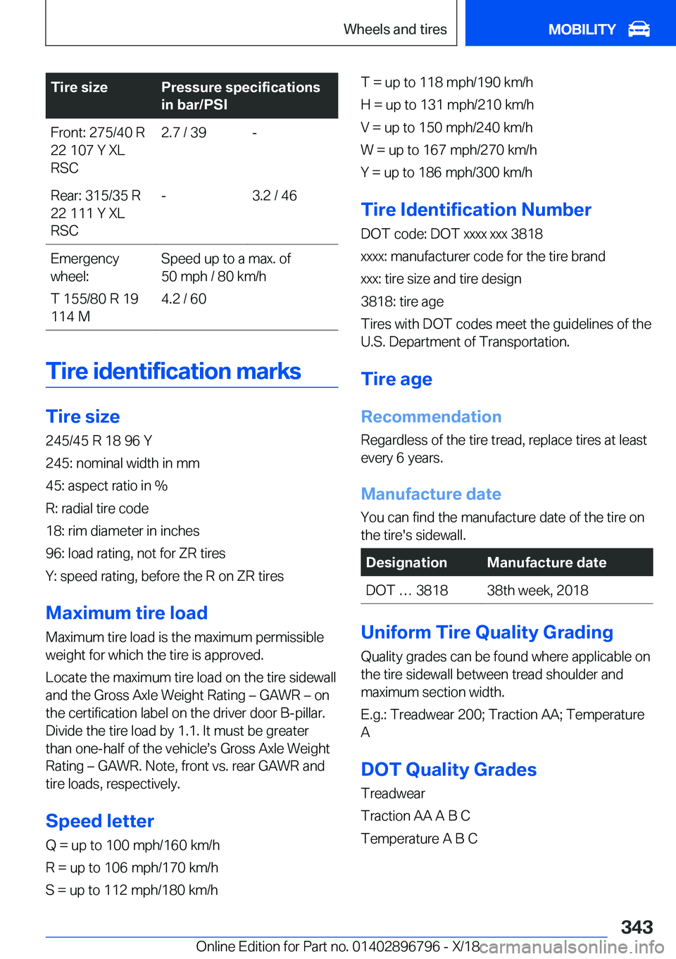 BMW X7 2019  Owners Manual �T�i�r�e��s�i�z�e�P�r�e�s�s�u�r�e��s�p�e�c�i�f�i�c�a�t�i�o�n�s
�i�n��b�a�r�/�P�S�I�F�r�o�n�t�:��2�7�5�/�4�0��R
�2�2��1�0�7��Y��X�L
�R�S�C�2�.�7��/��3�9�-�R�e�a�r�:��3�1�5�/�3�5��R
�2�2��1