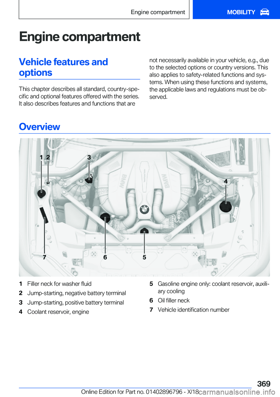 BMW X7 2019  Owners Manual �E�n�g�i�n�e��c�o�m�p�a�r�t�m�e�n�t�V�e�h�i�c�l�e��f�e�a�t�u�r�e�s��a�n�d�o�p�t�i�o�n�s
�T�h�i�s��c�h�a�p�t�e�r��d�e�s�c�r�i�b�e�s��a�l�l��s�t�a�n�d�a�r�d�,��c�o�u�n�t�r�y�-�s�p�ej�c�i�f�i�c�