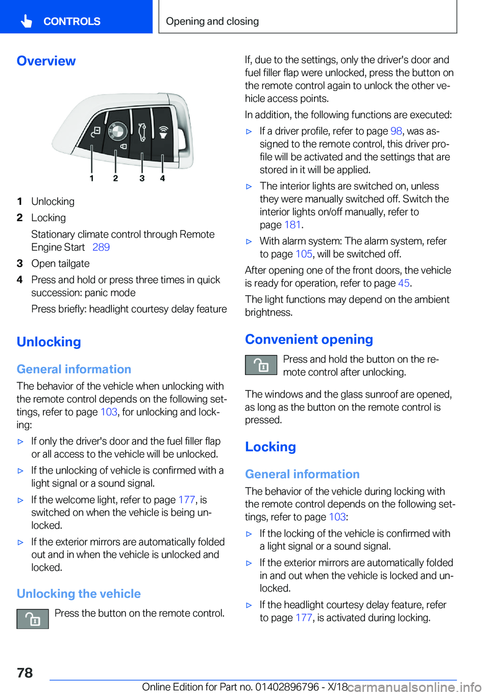BMW X7 2019 Manual PDF �O�v�e�r�v�i�e�w�1�U�n�l�o�c�k�i�n�g�2�L�o�c�k�i�n�g
�S�t�a�t�i�o�n�a�r�y��c�l�i�m�a�t�e��c�o�n�t�r�o�l��t�h�r�o�u�g�h��R�e�m�o�t�e
�E�n�g�i�n�e��S�t�a�r�t\_ �2�8�9�3�O�p�e�n��t�a�i�l�g�a�t�e�