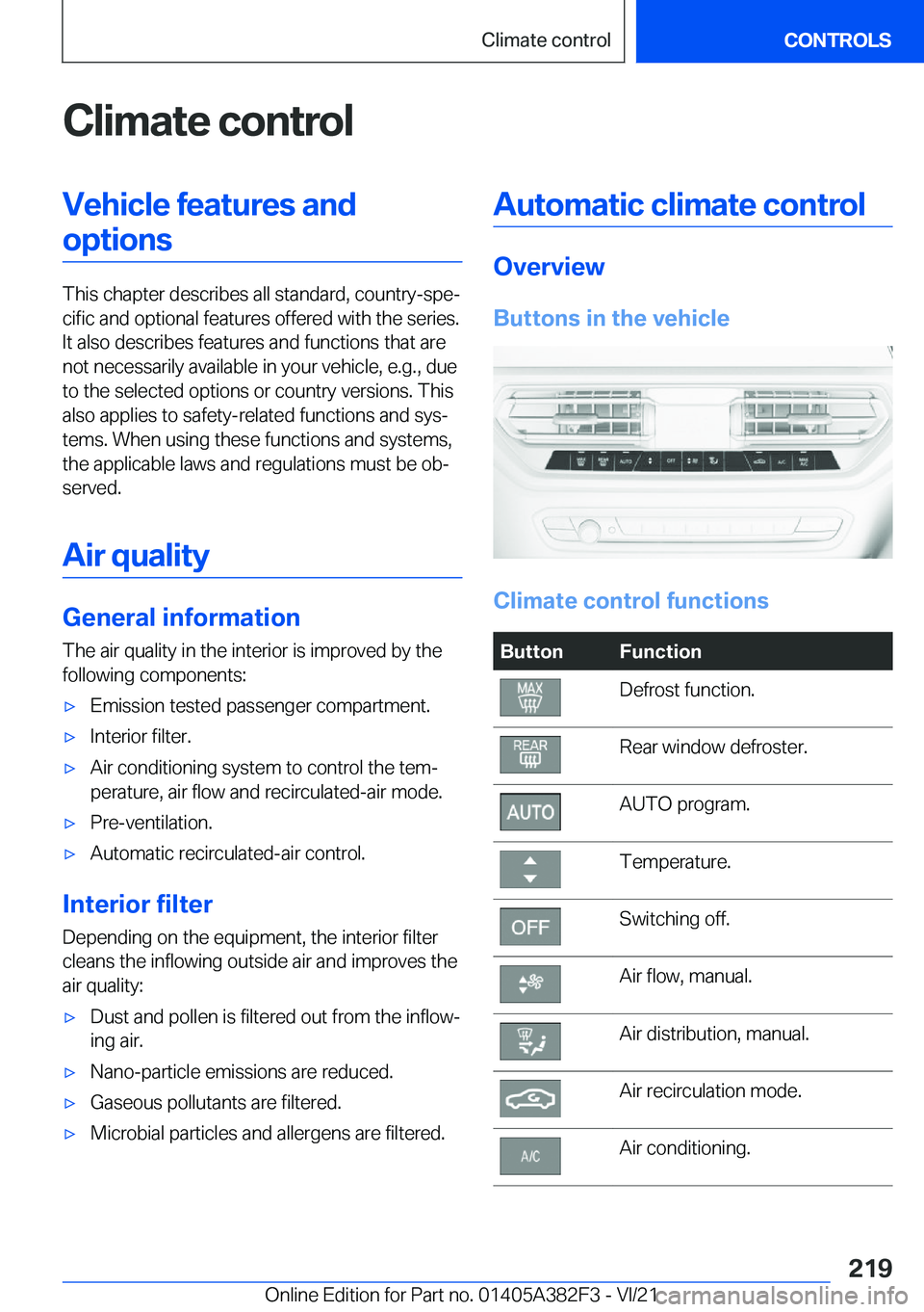 BMW Z4 2022  Owners Manual �C�l�i�m�a�t�e��c�o�n�t�r�o�l�V�e�h�i�c�l�e��f�e�a�t�u�r�e�s��a�n�d�o�p�t�i�o�n�s
�T�h�i�s��c�h�a�p�t�e�r��d�e�s�c�r�i�b�e�s��a�l�l��s�t�a�n�d�a�r�d�,��c�o�u�n�t�r�y�-�s�p�e#j�c�i�f�i�c��a�n�