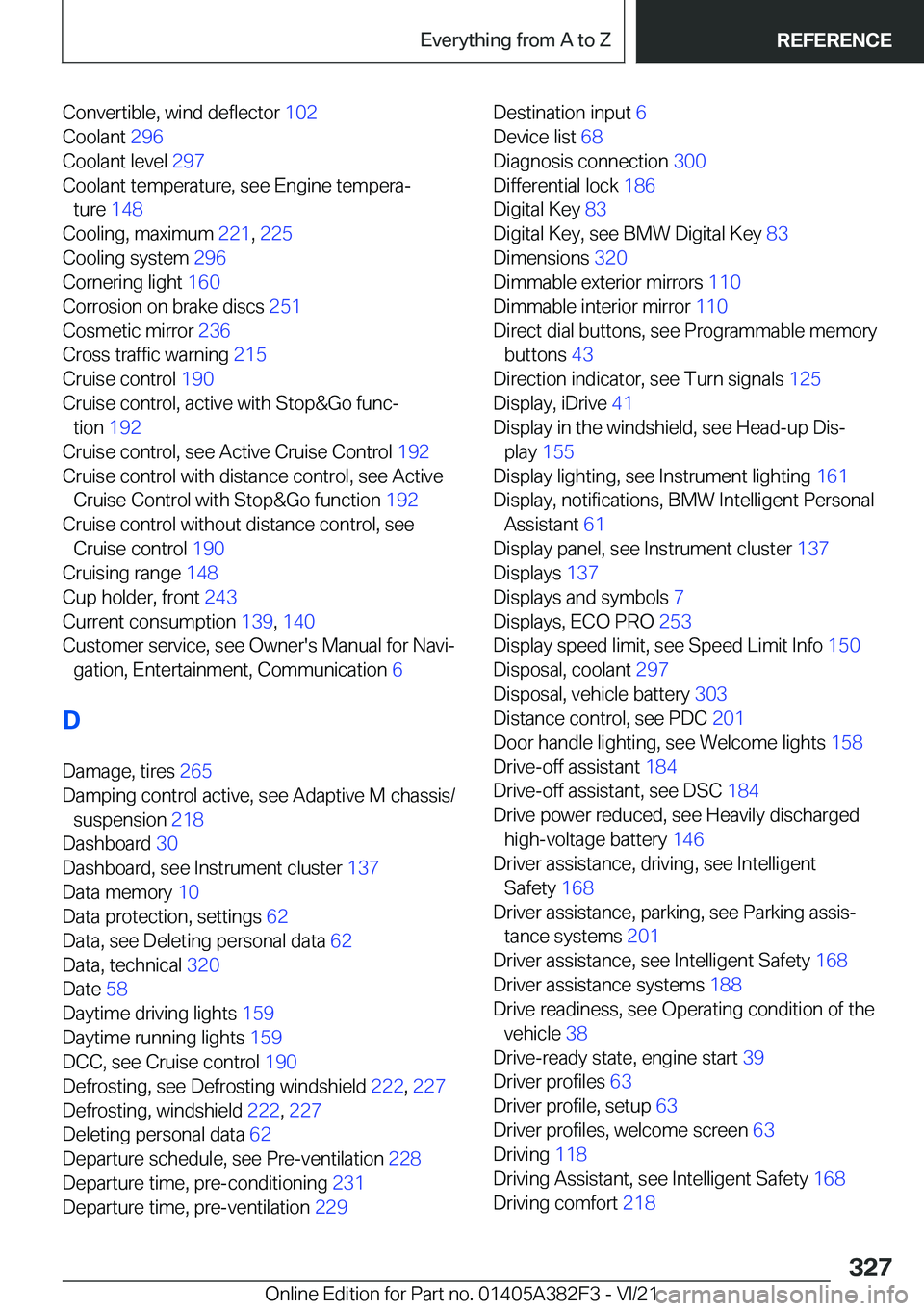 BMW Z4 2022  Owners Manual �C�o�n�v�e�r�t�i�b�l�e�,��w�i�n�d��d�e�f�l�e�c�t�o�r��1�0�2�
�C�o�o�l�a�n�t� �2�9�6�
�C�o�o�l�a�n�t��l�e�v�e�l� �2�9�7�
�C�o�o�l�a�n�t��t�e�m�p�e�r�a�t�u�r�e�,��s�e�e��E�n�g�i�n�e��t�e�m�