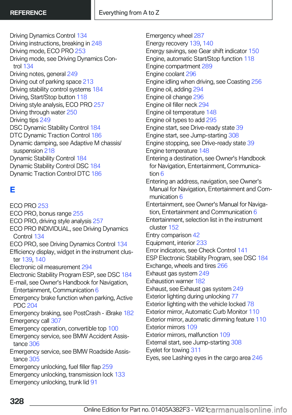 BMW Z4 2022  Owners Manual �D�r�i�v�i�n�g��D�y�n�a�m�i�c�s��C�o�n�t�r�o�l��1�3�4�
�D�r�i�v�i�n�g��i�n�s�t�r�u�c�t�i�o�n�s�,��b�r�e�a�k�i�n�g��i�n� �2�4�8�
�D�r�i�v�i�n�g��m�o�d�e�,��E�C�O��P�R�O� �2�5�3�
�D�r�i�v�