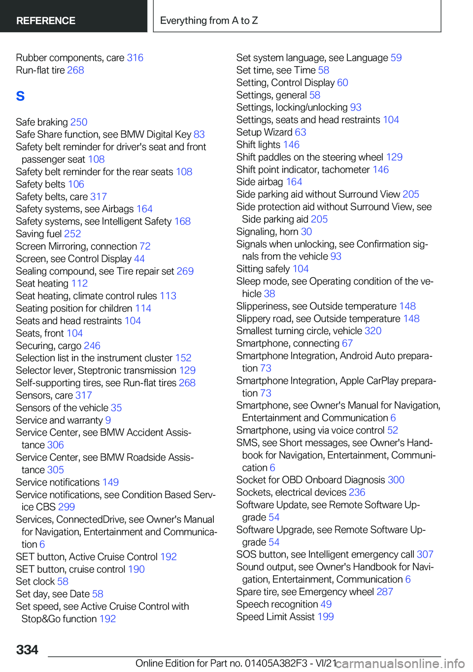 BMW Z4 2022  Owners Manual �R�u�b�b�e�r��c�o�m�p�o�n�e�n�t�s�,��c�a�r�e��3�1�6�
�R�u�n�-�f�l�a�t��t�i�r�e� �2�6�8�
�S �S�a�f�e��b�r�a�k�i�n�g� �2�5�0�
�S�a�f�e��S�h�a�r�e��f�u�n�c�t�i�o�n�,��s�e�e��B�M�W��D�i�g�i