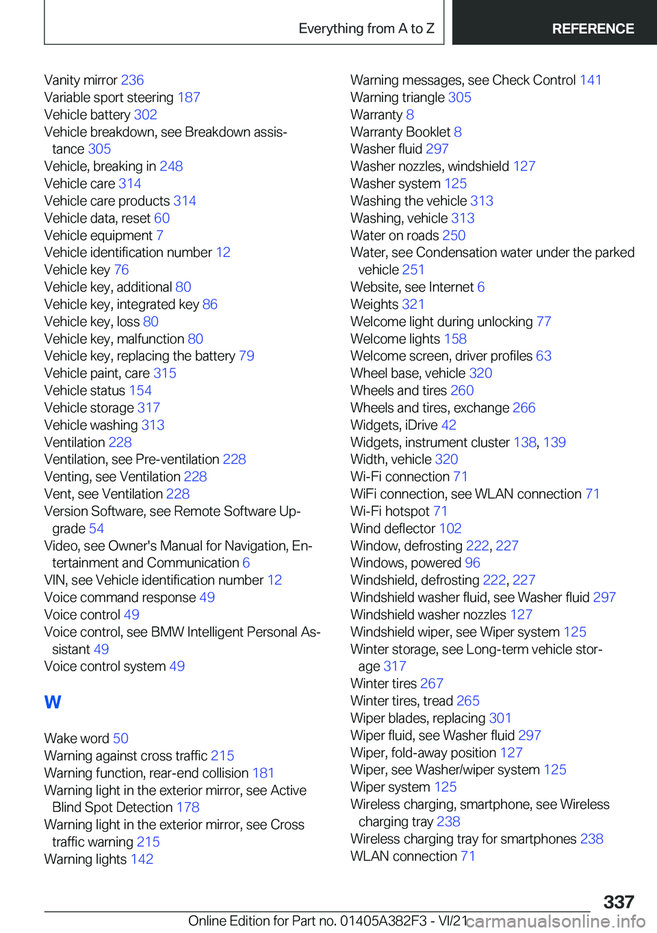 BMW Z4 2022  Owners Manual �V�a�n�i�t�y��m�i�r�r�o�r��2�3�6�
�V�a�r�i�a�b�l�e��s�p�o�r�t��s�t�e�e�r�i�n�g� �1�8�7�
�V�e�h�i�c�l�e��b�a�t�t�e�r�y� �3�0�2�
�V�e�h�i�c�l�e��b�r�e�a�k�d�o�w�n�,��s�e�e��B�r�e�a�k�d�o�w�