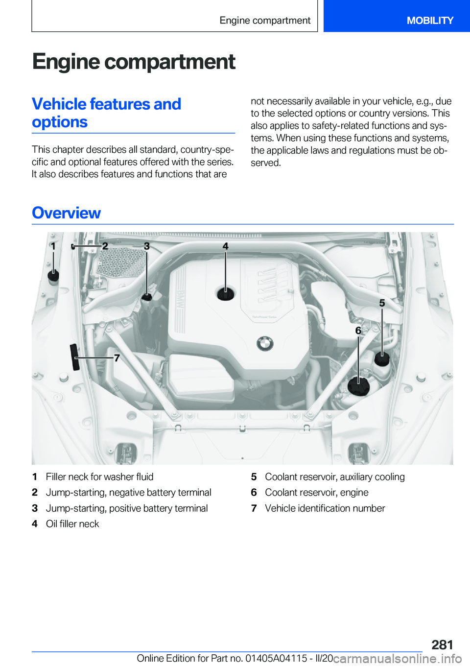 BMW Z4 2020  Owners Manual �E�n�g�i�n�e��c�o�m�p�a�r�t�m�e�n�t�V�e�h�i�c�l�e��f�e�a�t�u�r�e�s��a�n�d�o�p�t�i�o�n�s
�T�h�i�s��c�h�a�p�t�e�r��d�e�s�c�r�i�b�e�s��a�l�l��s�t�a�n�d�a�r�d�,��c�o�u�n�t�r�y�-�s�p�e#j�c�i�f�i�c�
