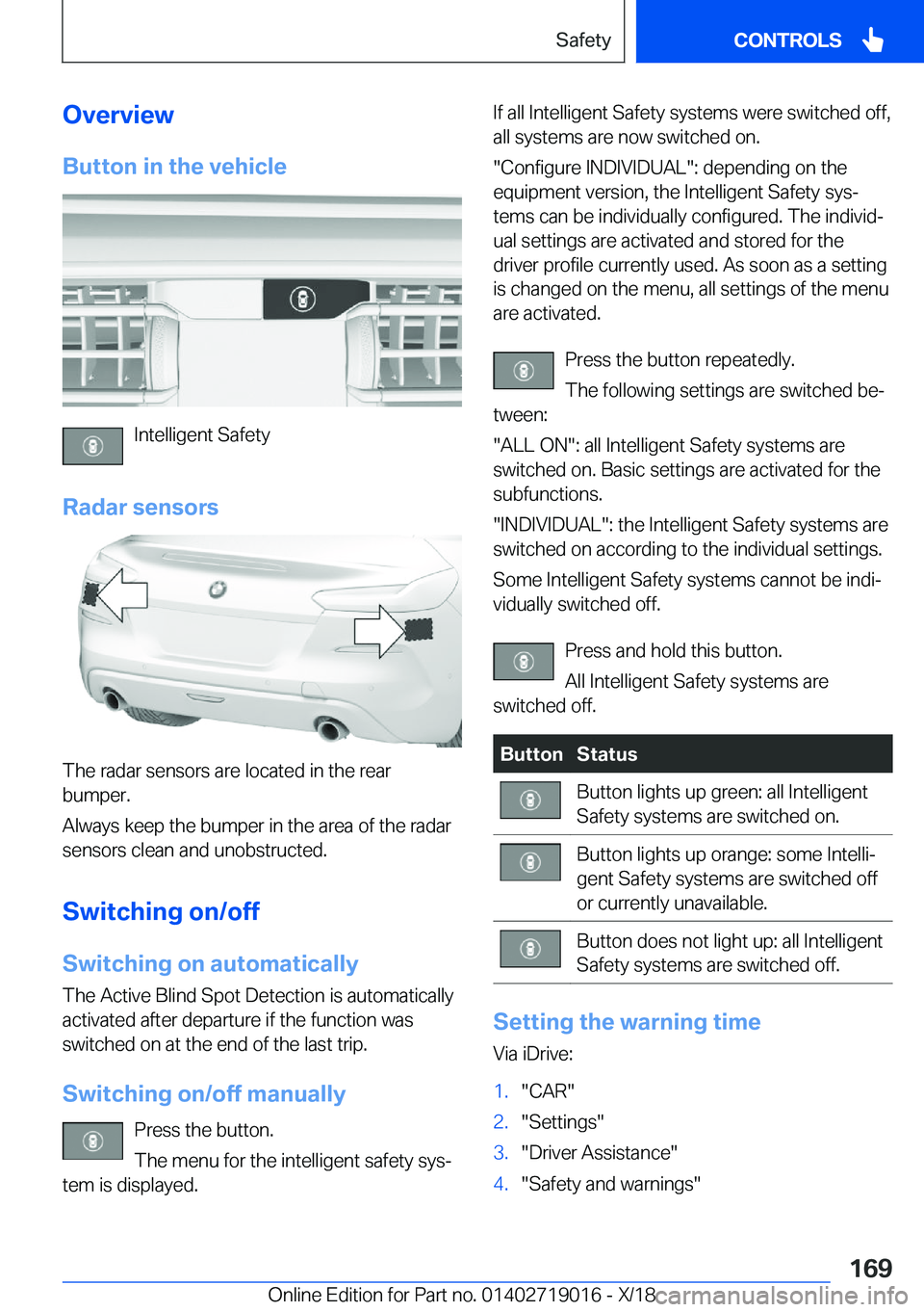 BMW Z4 2019  Owners Manual �O�v�e�r�v�i�e�w�B�u�t�t�o�n��i�n��t�h�e��v�e�h�i�c�l�e
�I�n�t�e�l�l�i�g�e�n�t��S�a�f�e�t�y
�R�a�d�a�r��s�e�n�s�o�r�s
�T�h�e��r�a�d�a�r��s�e�n�s�o�r�s��a�r�e��l�o�c�a�t�e�d��i�n��t�h�e��r�