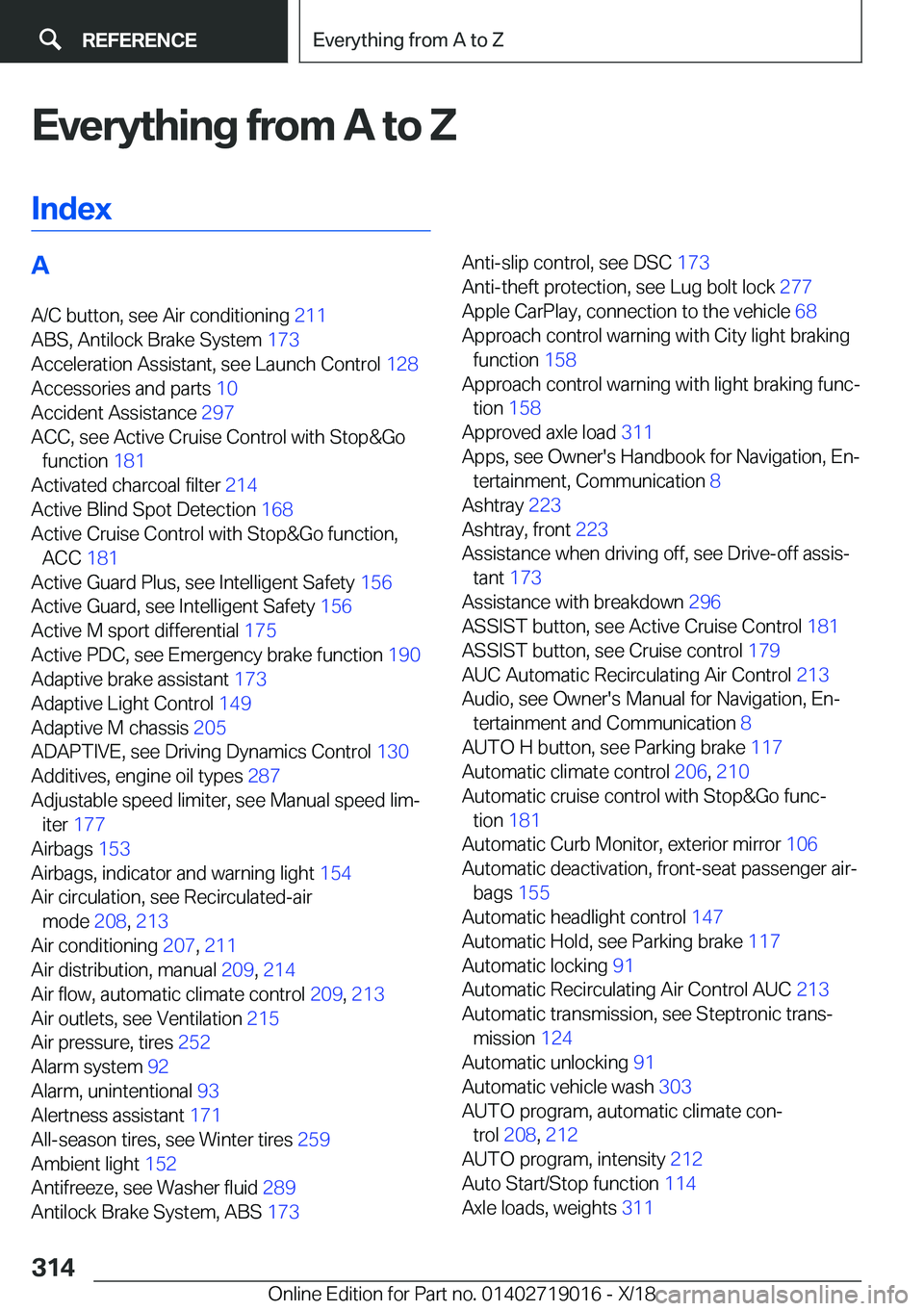 BMW Z4 2019  Owners Manual �E�v�e�r�y�t�h�i�n�g��f�r�o�m��A��t�o��Z�I�n�d�e�x�A �A�/�C��b�u�t�t�o�n�,��s�e�e��A�i�r��c�o�n�d�i�t�i�o�n�i�n�g� �2�1�1�
�A�B�S�,��A�n�t�i�l�o�c�k��B�r�a�k�e��S�y�s�t�e�m� �1�7�3�
�A�