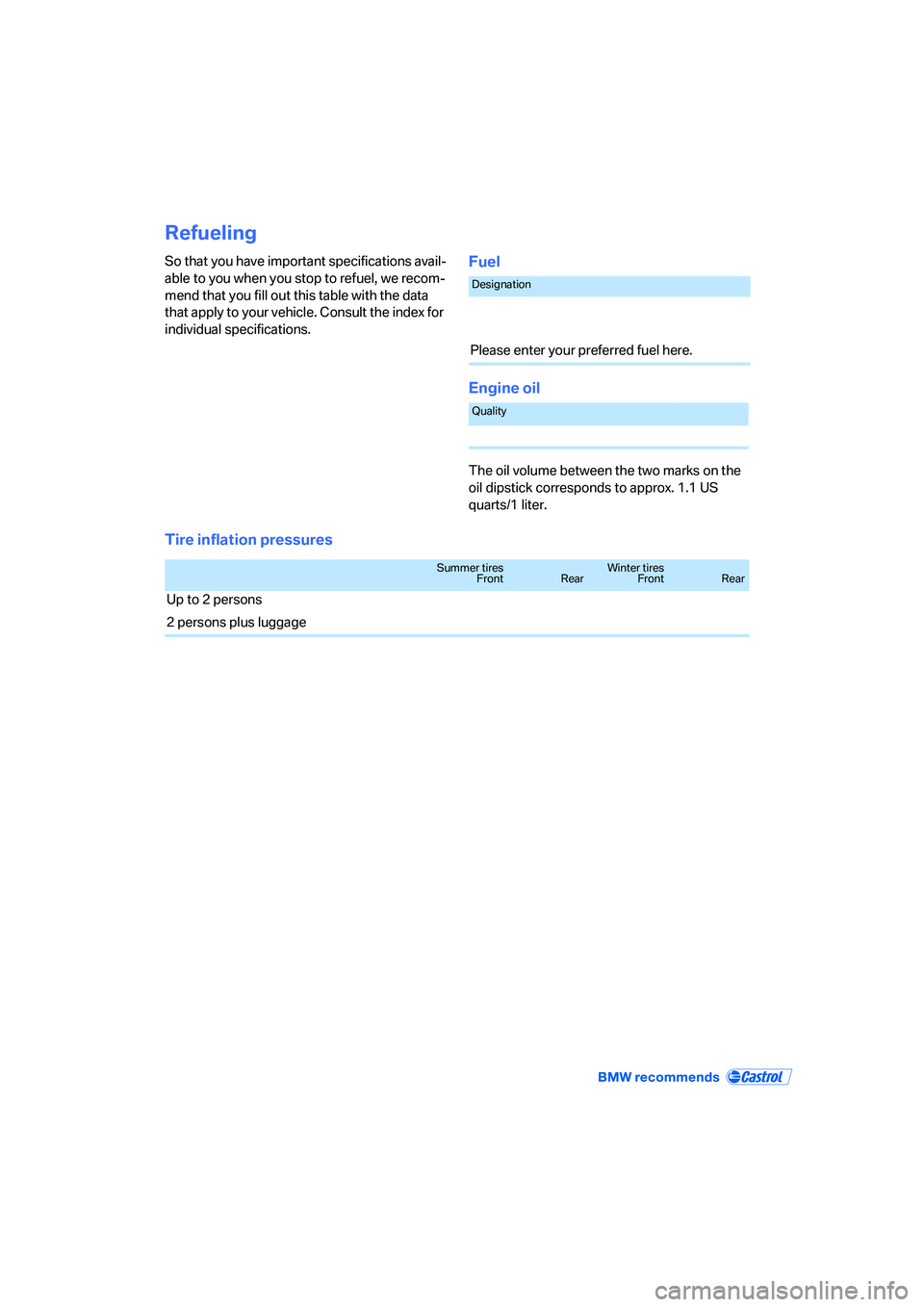 BMW Z4 2.5I 2005 Owners Manual Refueling
So that you have important specifications avail-
able to you when you stop to refuel, we recom-
mend that you fill out this table with the data
that apply to your vehicle. Consult the index BMW Z4 2.5I 2005 Owners Manual Refueling
So that you have important specifications avail-
able to you when you stop to refuel, we recom-
mend that you fill out this table with the data
that apply to your vehicle. Consult the index