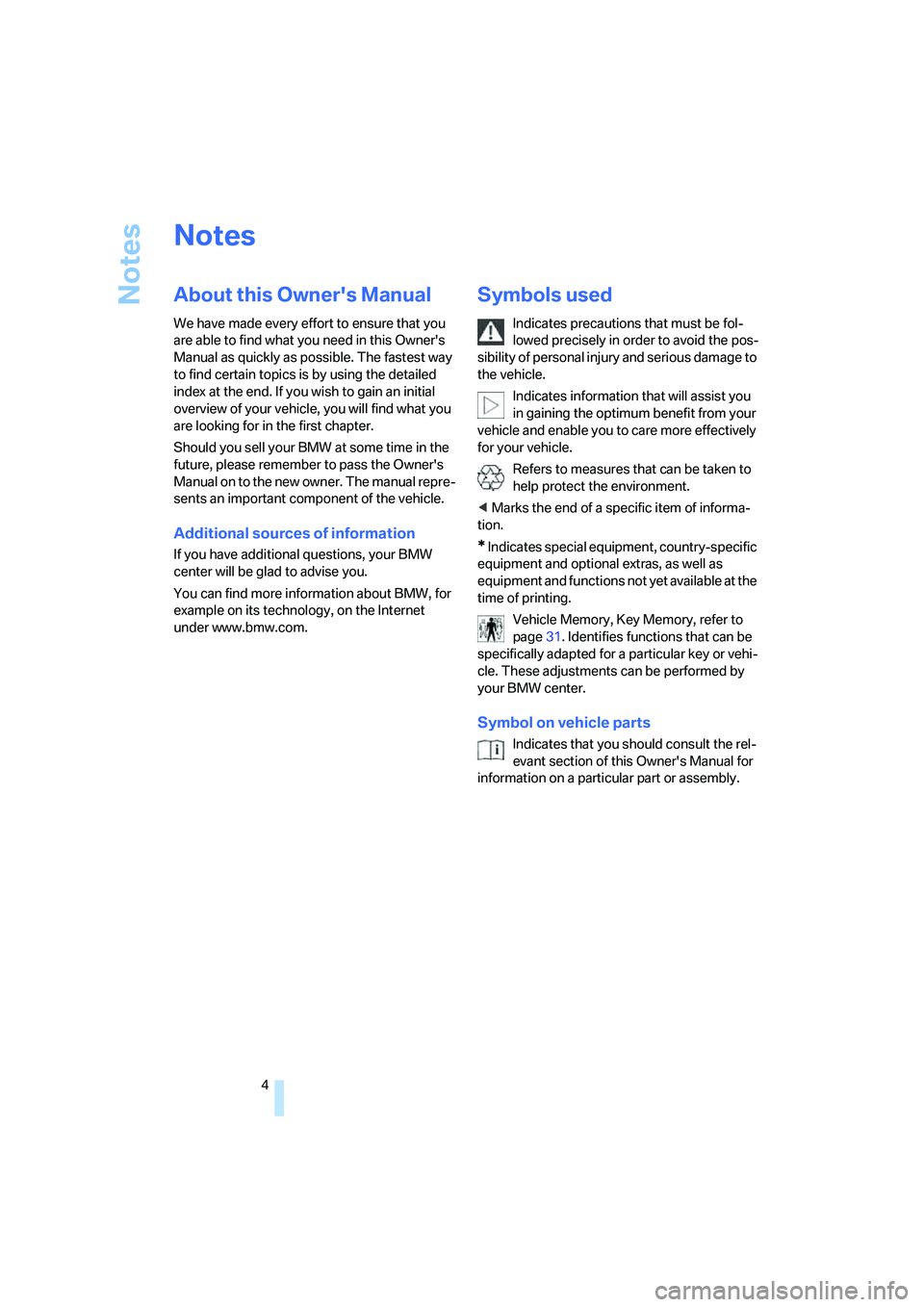 BMW Z4 2.5I 2005 Owners Manual Notes
4
Notes
About this Owners Manual
We have made every effort to ensure that you
are able to find what you need in this Owners
Manual as quickly as possible. The fastest way
to find certain to BMW Z4 2.5I 2005 Owners Manual Notes
4
Notes
About this Owners Manual
We have made every effort to ensure that you
are able to find what you need in this Owners
Manual as quickly as possible. The fastest way
to find certain to