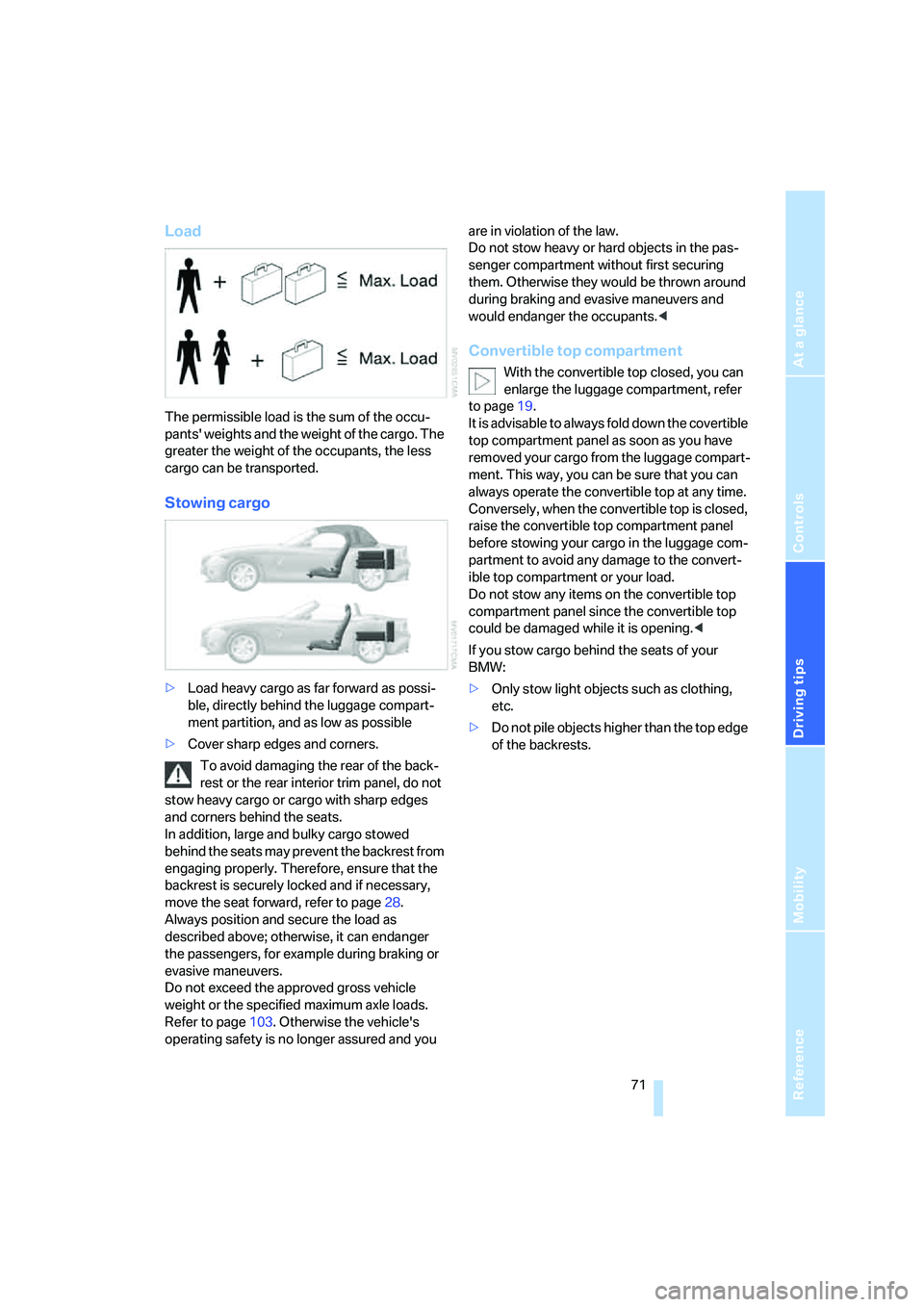 BMW Z4 2.5I 2005 Manual PDF Reference
At a glance
Controls
Driving tips
Mobility
 71
Load
The permissible load is the sum of the occu-
pants weights and the weight of the cargo. The 
greater the weight of the occupants, the les