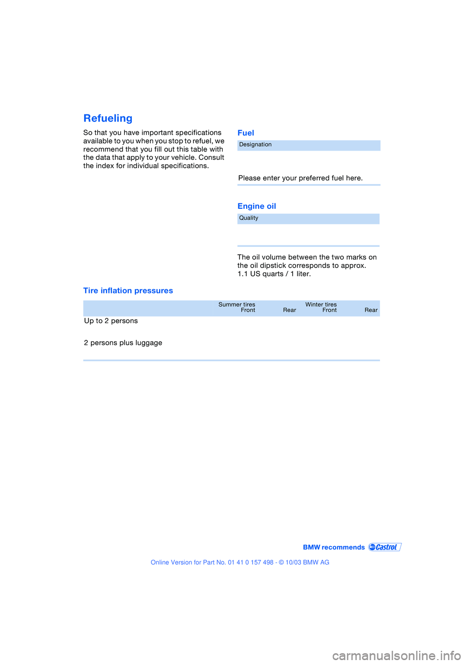 BMW Z4 2.5I 2004 Owners Manual Refueling
So that you have important specifications
available to you when you stop to refuel, we
recommend that you fill out this table with
the data that apply to your vehicle. Consult
the index BMW Z4 2.5I 2004 Owners Manual Refueling
So that you have important specifications
available to you when you stop to refuel, we
recommend that you fill out this table with
the data that apply to your vehicle. Consult
the index