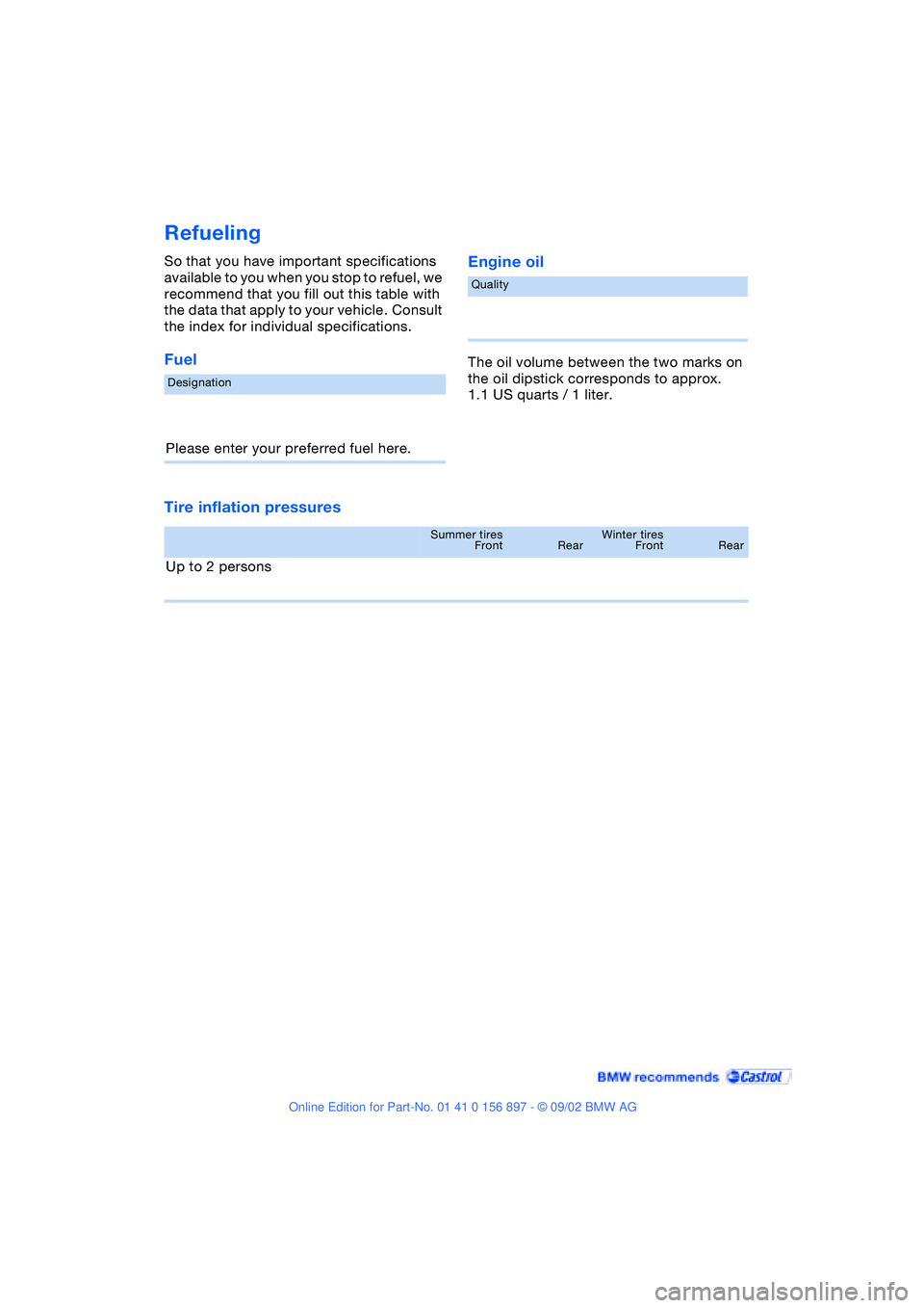 BMW Z4 2.5I 2003 Owners Manual Refueling
So that you have important specifications
available to you when you stop to refuel, we
recommend that you fill out this table with
the data that apply to your vehicle. Consult
the index BMW Z4 2.5I 2003 Owners Manual Refueling
So that you have important specifications
available to you when you stop to refuel, we
recommend that you fill out this table with
the data that apply to your vehicle. Consult
the index