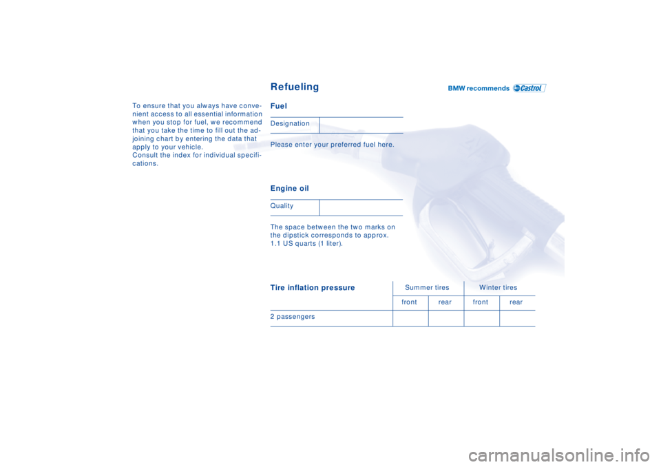 BMW Z8 2002  Owners Manual To ensure that you always have conve-
nient access to all essential information 
when you stop for fuel, we recommend 
that you take the time to fill out the ad-
joining chart by entering the data tha